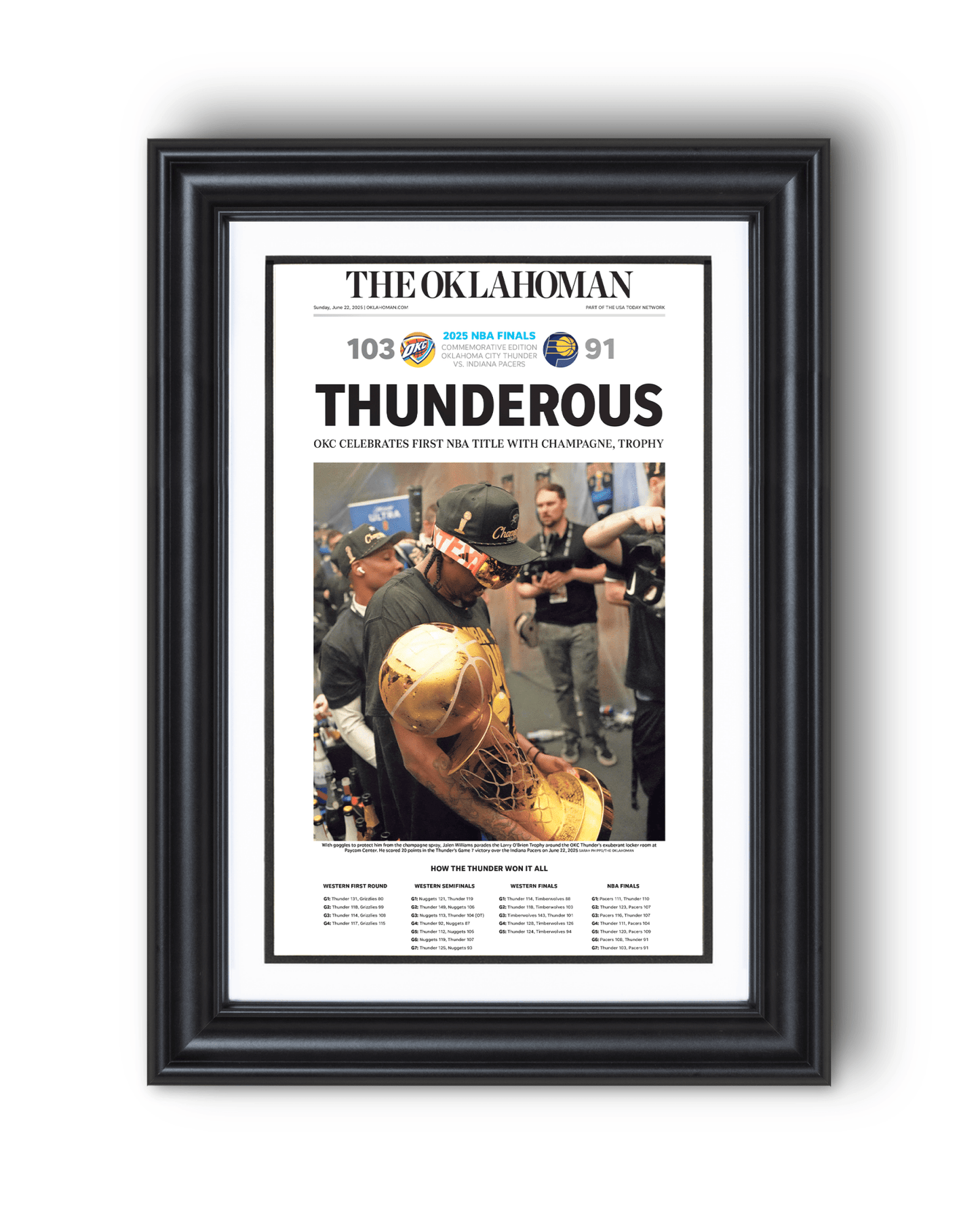 2025 Oklahoma City Thunder NBA Champions “THUNDEROUS” Framed Newspaper - TitleGameFrames.com
