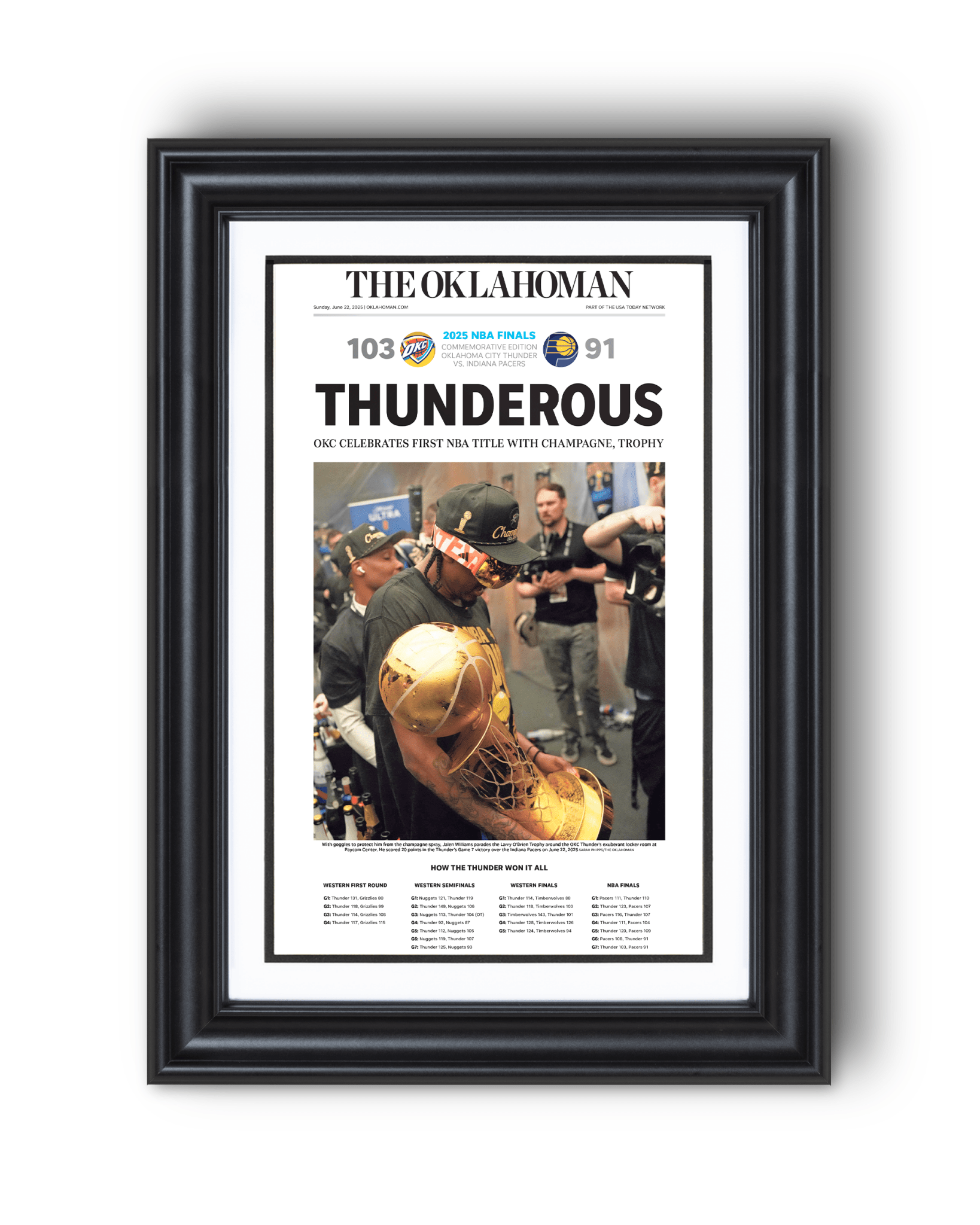 2025 Oklahoma City Thunder NBA Champions “THUNDEROUS” Framed Newspaper - TitleGameFrames.com