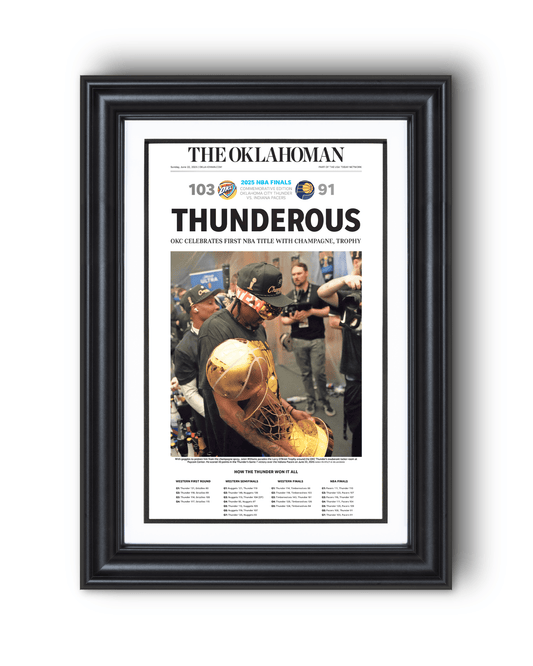 2025 Oklahoma City Thunder NBA Champions “THUNDEROUS” Framed Newspaper - TitleGameFrames.com