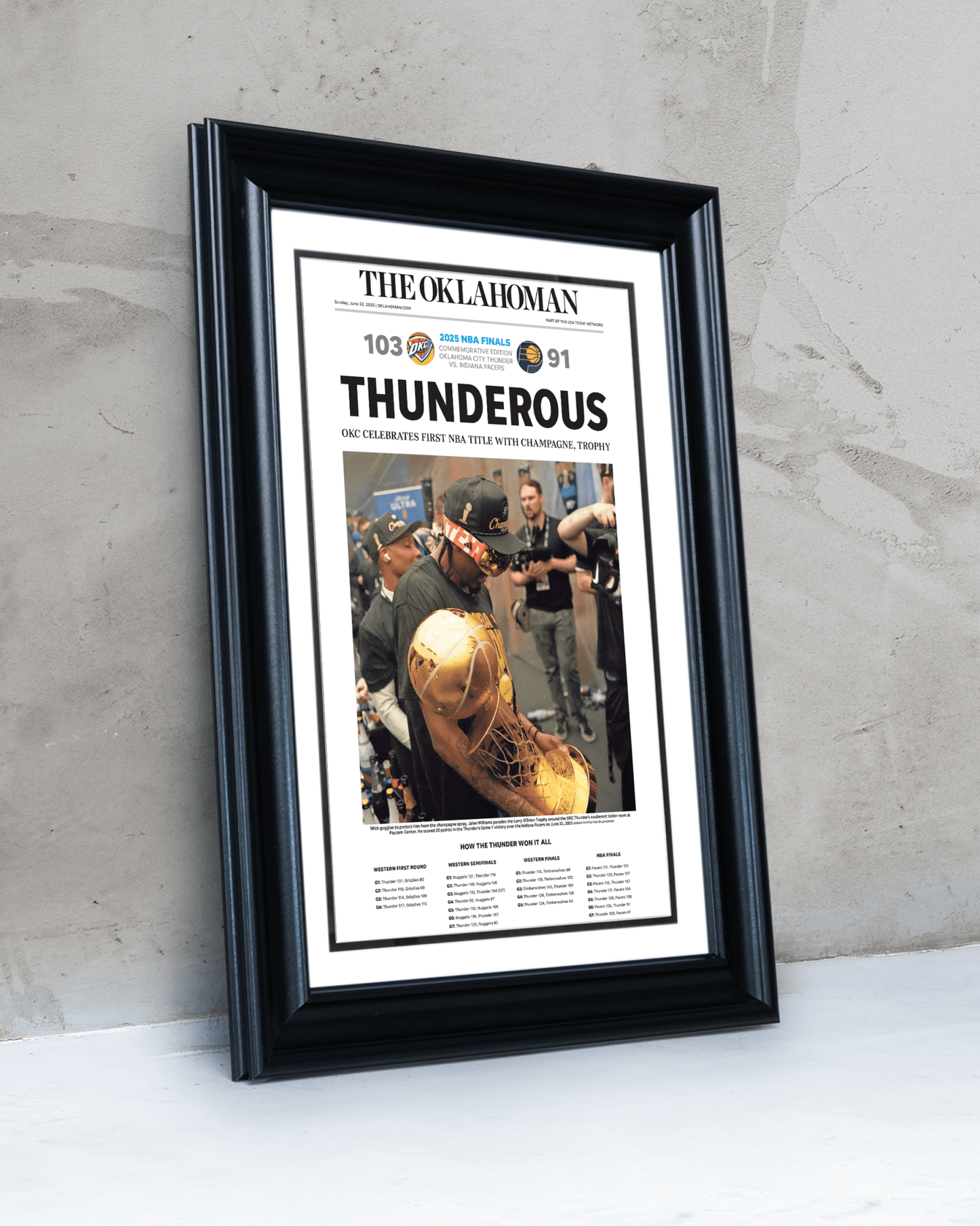 2025 Oklahoma City Thunder NBA Champions “THUNDEROUS” Framed Newspaper - TitleGameFrames.com