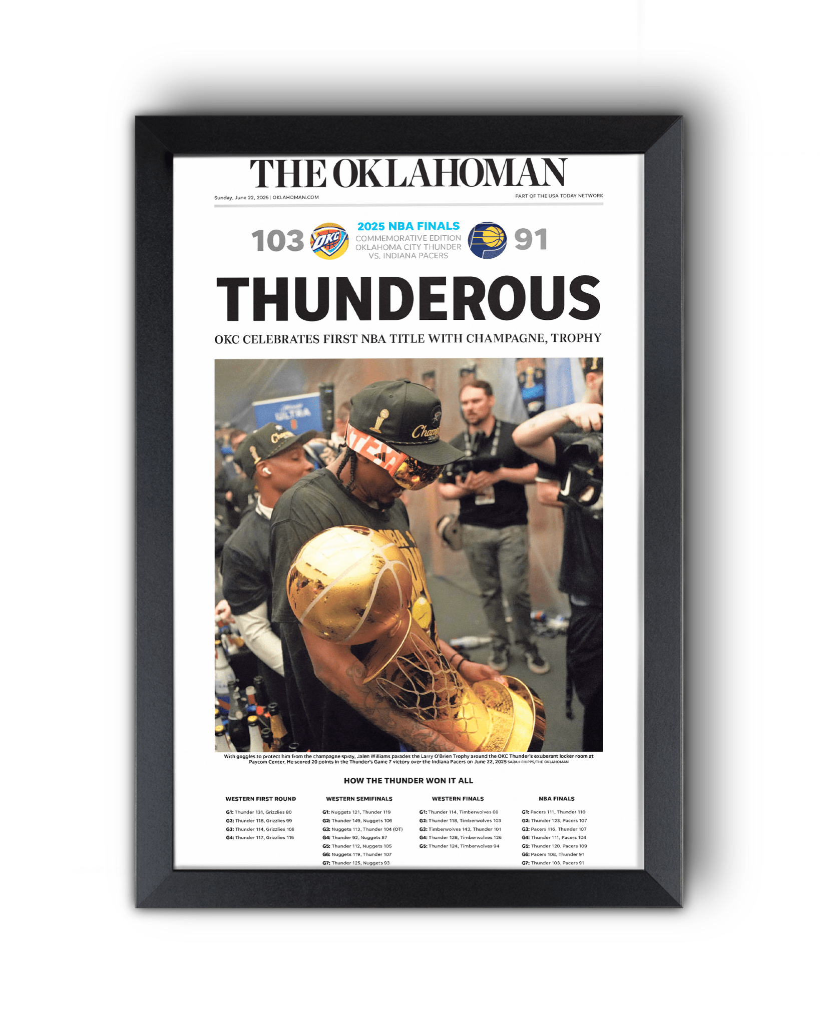 2025 Oklahoma City Thunder NBA Champions “THUNDEROUS” Framed Newspaper - TitleGameFrames.com
