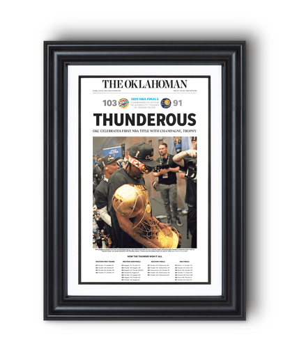 2025 Oklahoma City Thunder NBA Champions “THUNDEROUS” Framed Newspaper - TitleGameFrames.com