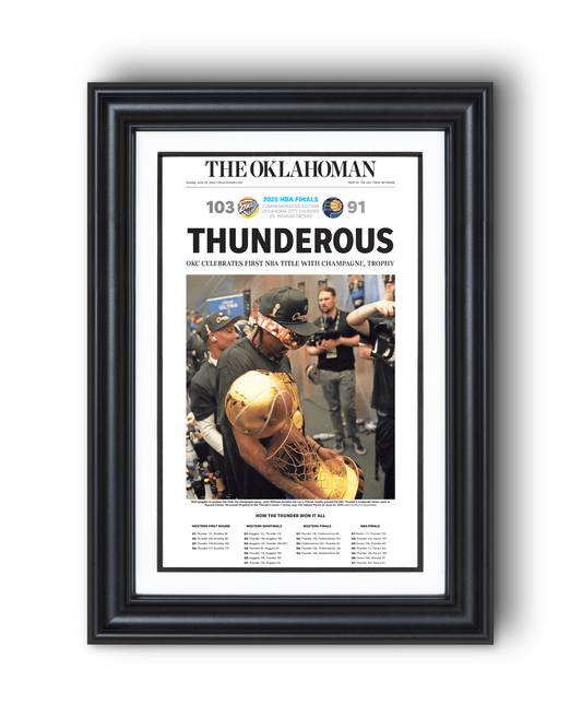 2025 Oklahoma City Thunder NBA Champions “THUNDEROUS” Framed Newspaper - TitleGameFrames.com