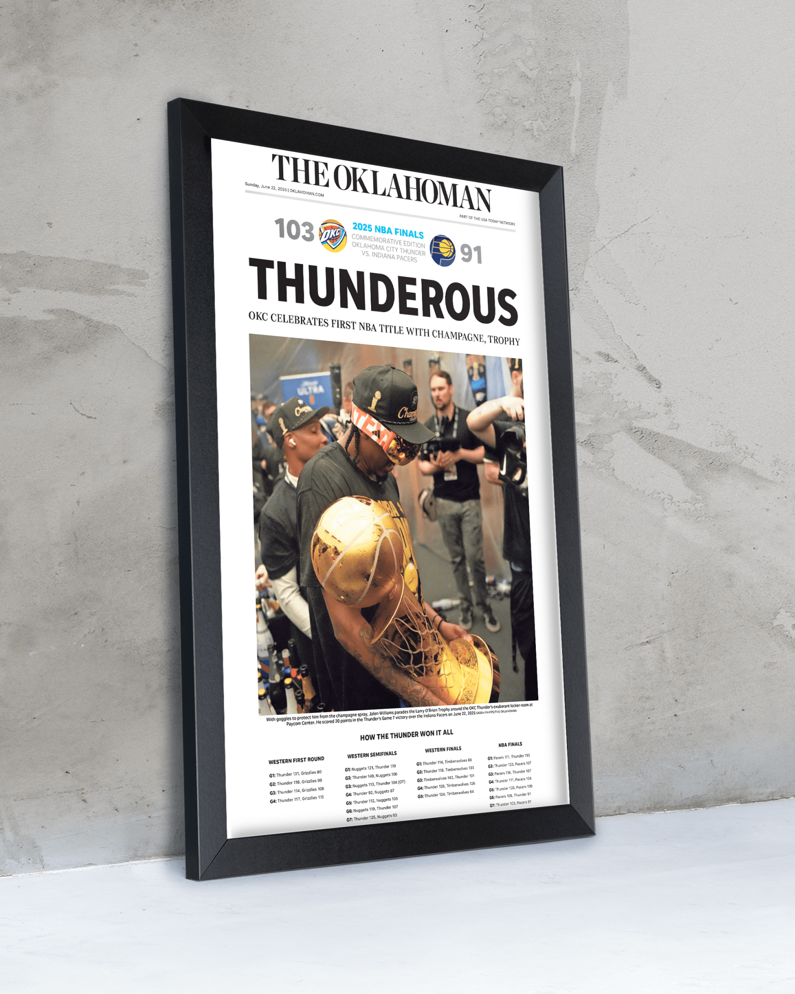 2025 Oklahoma City Thunder NBA Champions “THUNDEROUS” Framed Newspaper - TitleGameFrames.com