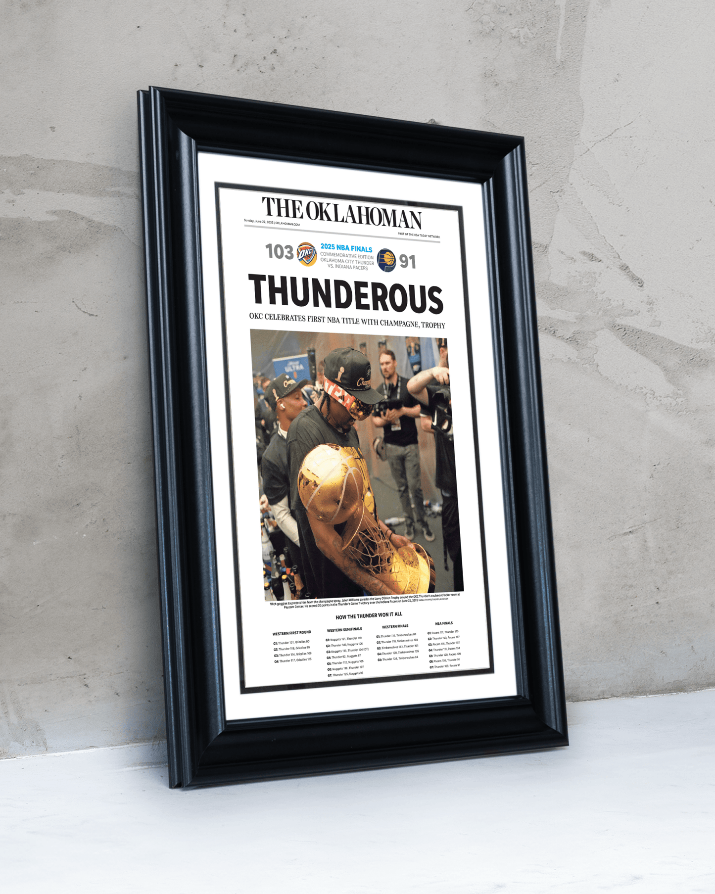 2025 Oklahoma City Thunder NBA Champions “THUNDEROUS” Framed Newspaper - TitleGameFrames.com