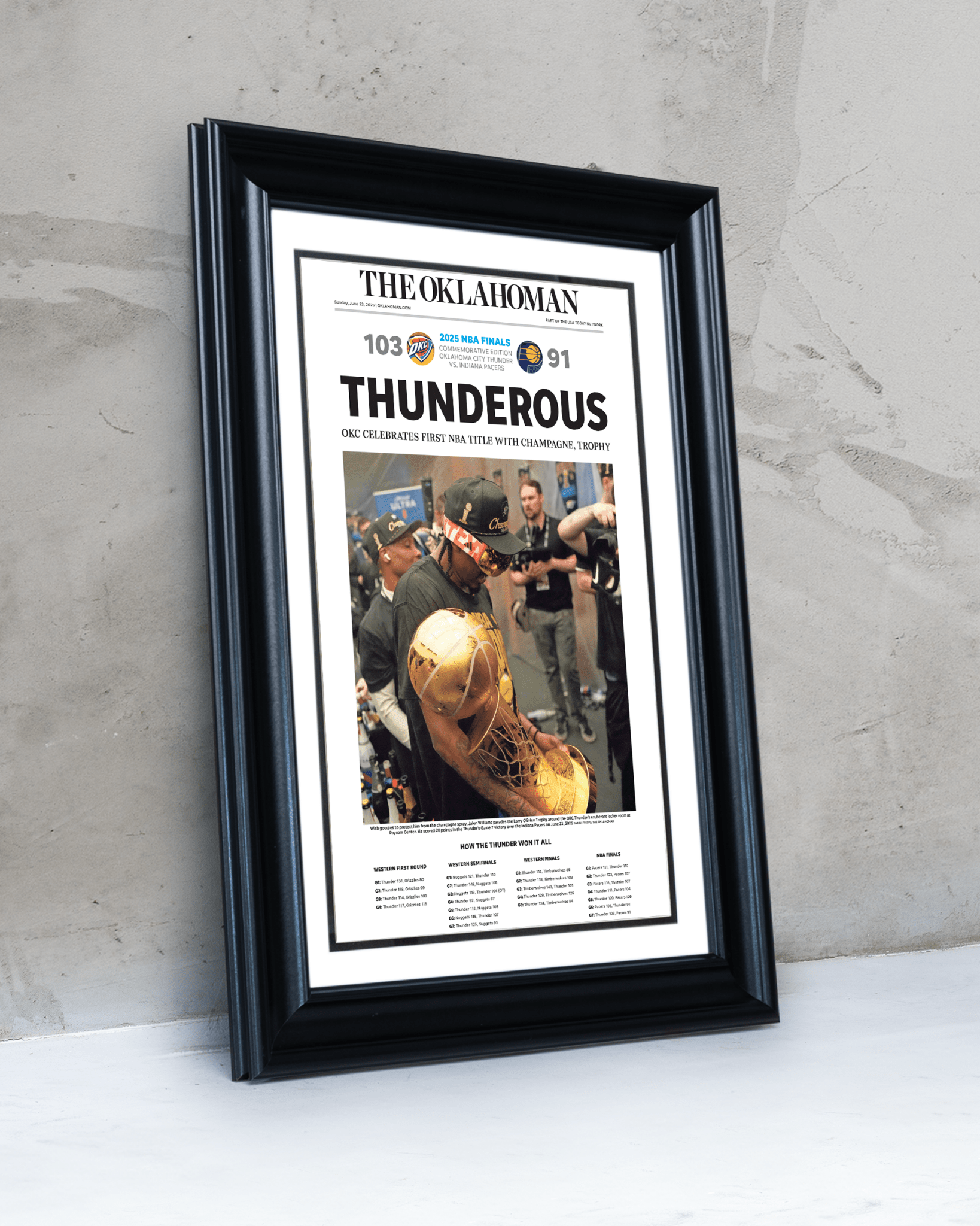 2025 Oklahoma City Thunder NBA Champions “THUNDEROUS” Framed Newspaper - TitleGameFrames.com