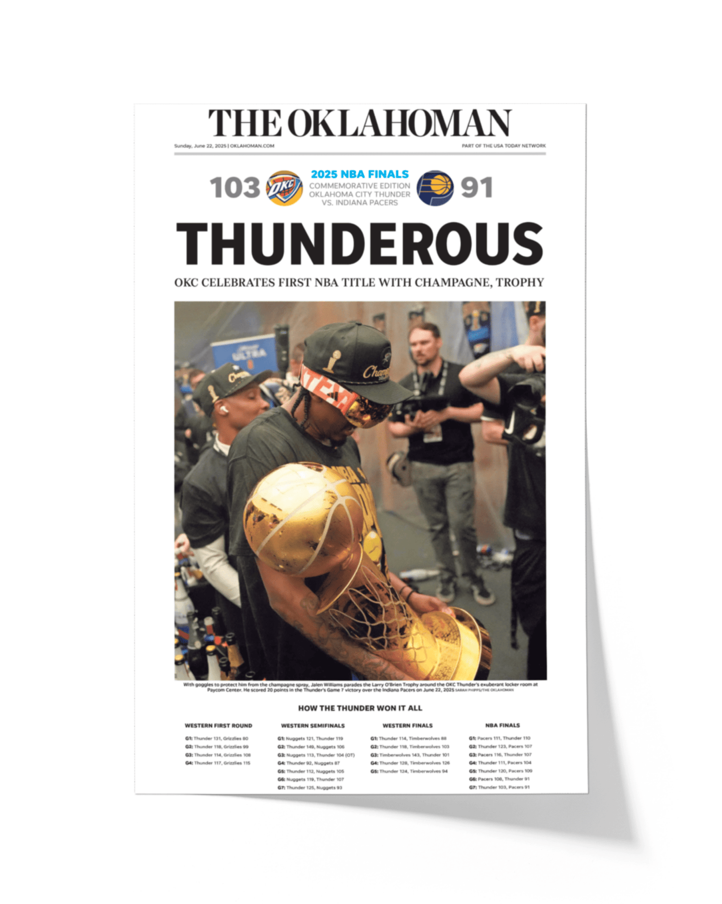 2025 Oklahoma City Thunder NBA Champions “THUNDEROUS” Framed Newspaper - TitleGameFrames.com