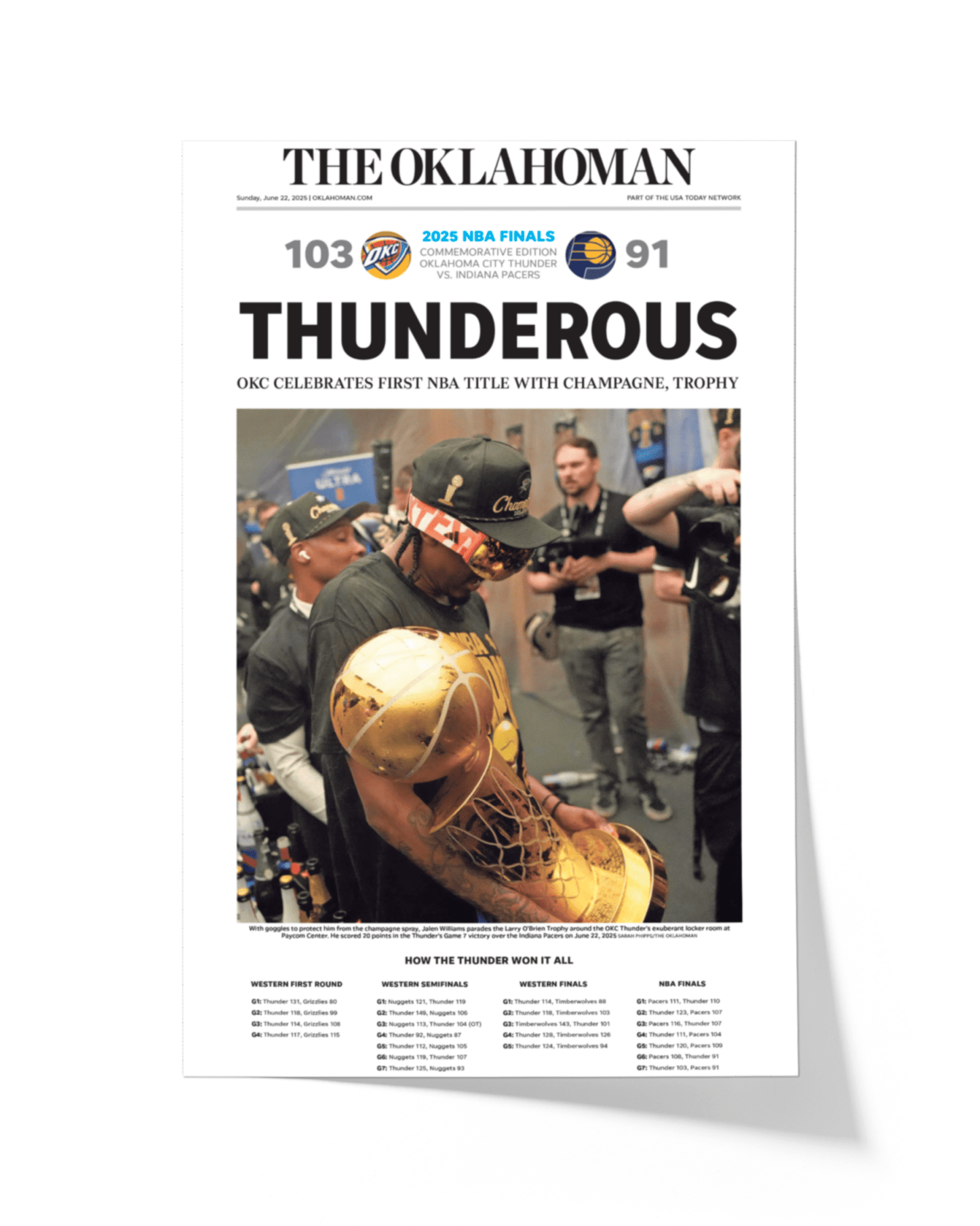 2025 Oklahoma City Thunder NBA Champions “THUNDEROUS” Framed Newspaper - TitleGameFrames.com