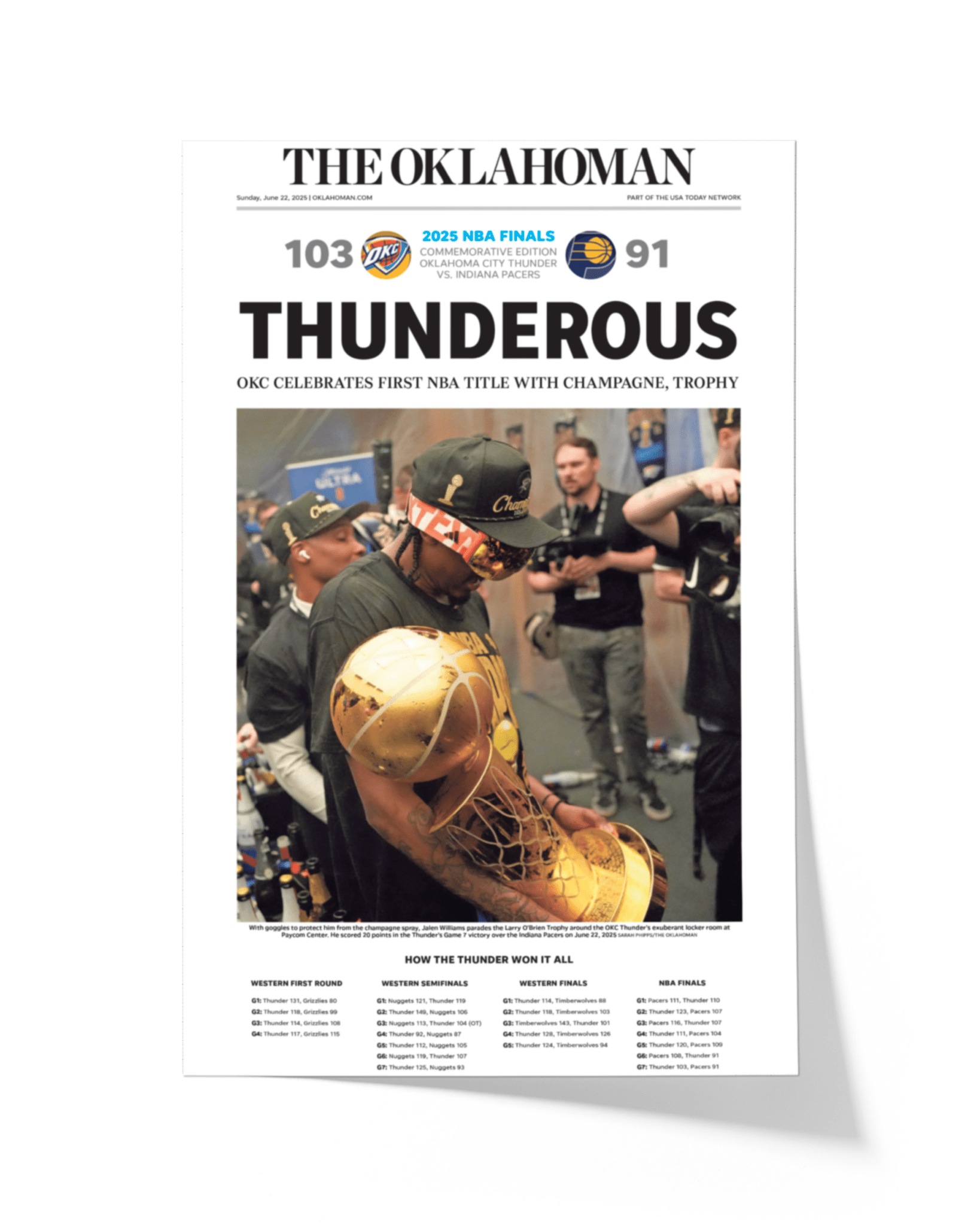 2025 Oklahoma City Thunder NBA Champions “THUNDEROUS” Framed Newspaper - TitleGameFrames.com