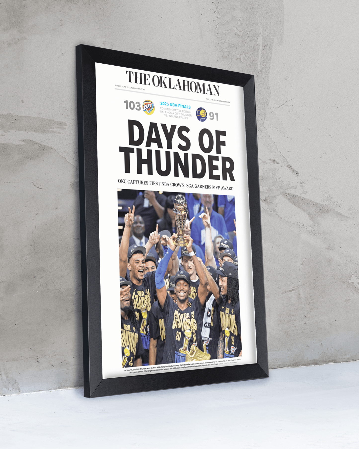 2025 Oklahoma City Thunders NBA Champions "Days of Thunders" Framed Newspaper - TitleGameFrames.com