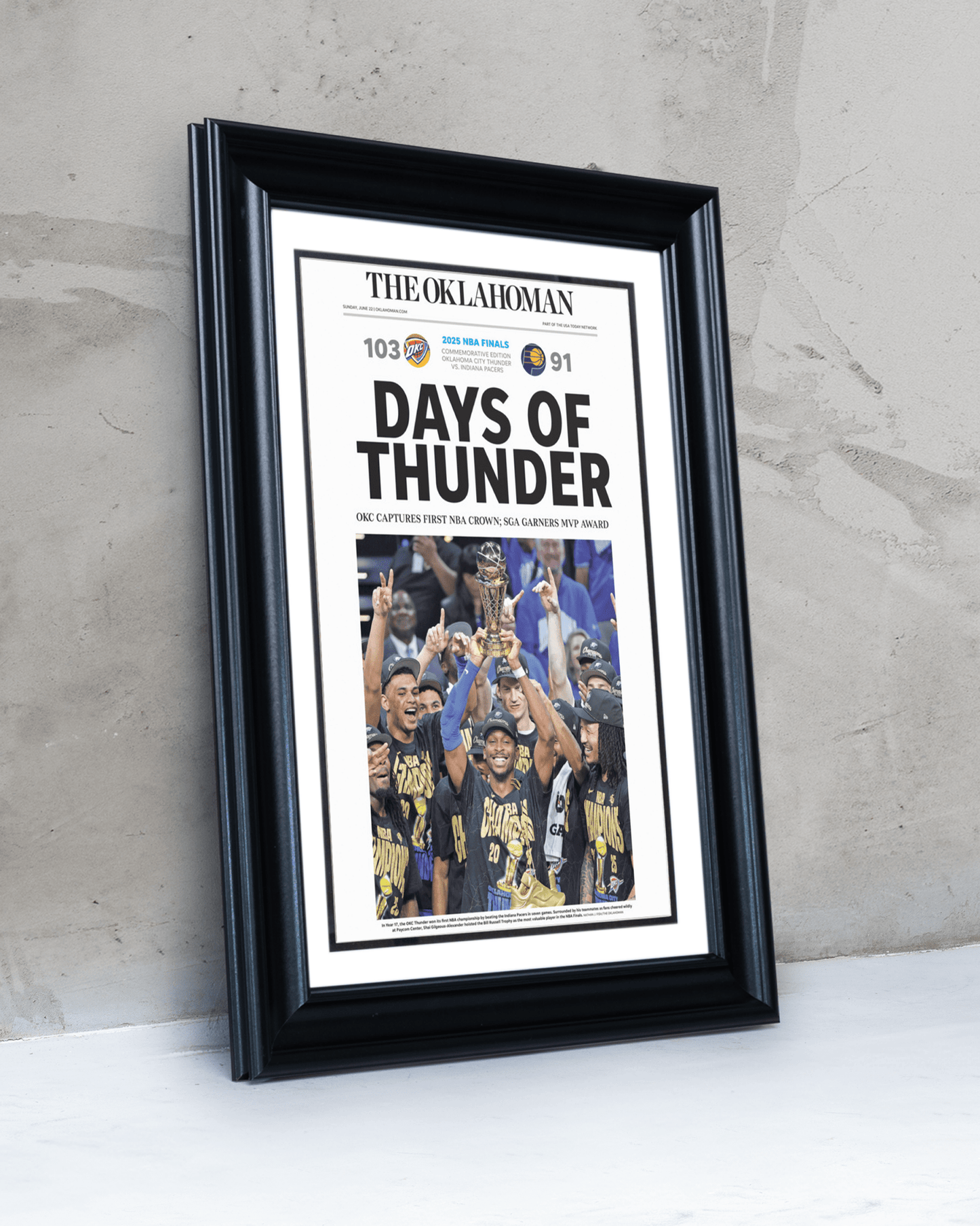 2025 Oklahoma City Thunders NBA Champions "Days of Thunders" Framed Newspaper - TitleGameFrames.com