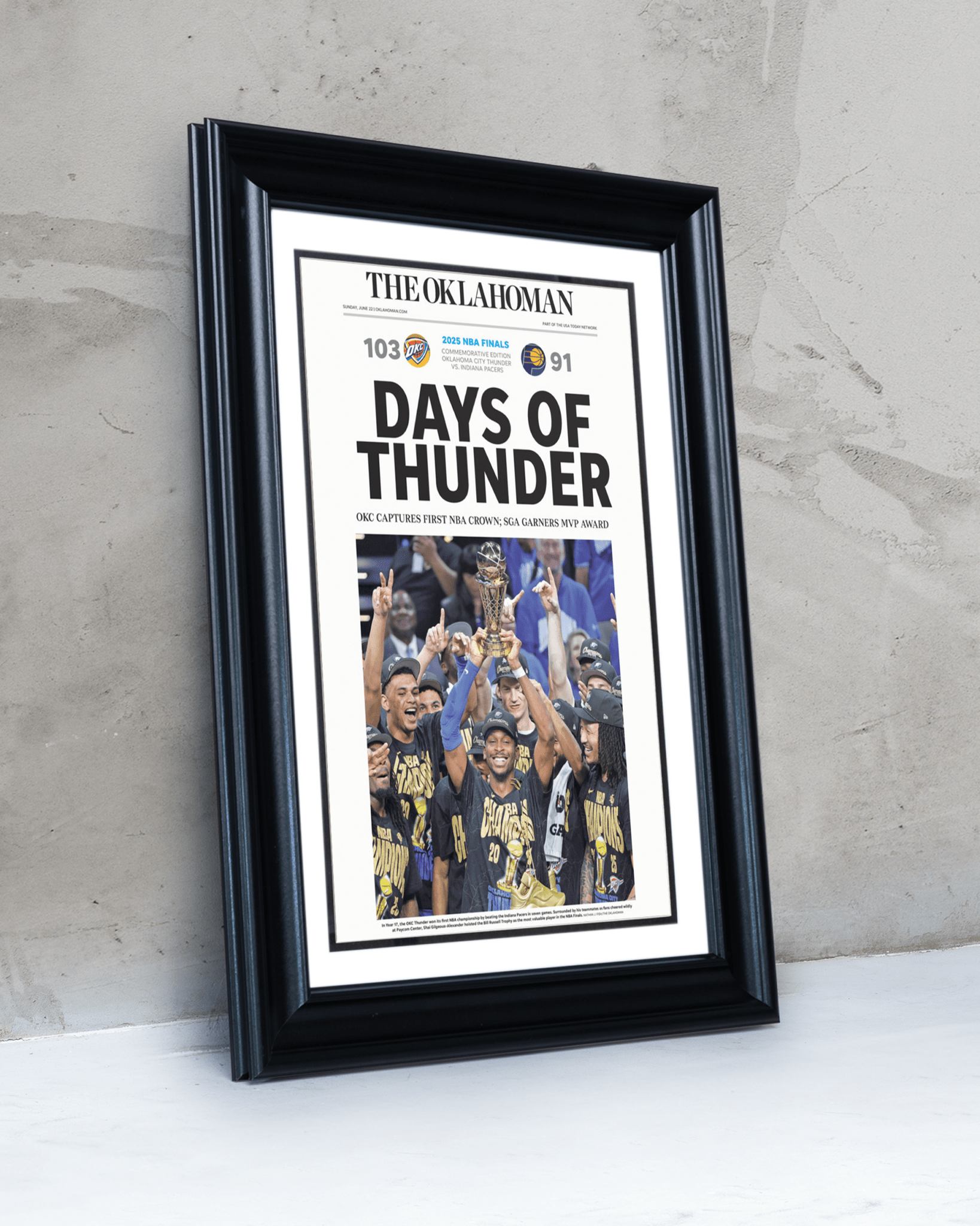 2025 Oklahoma City Thunders NBA Champions "Days of Thunders" Framed Newspaper - TitleGameFrames.com