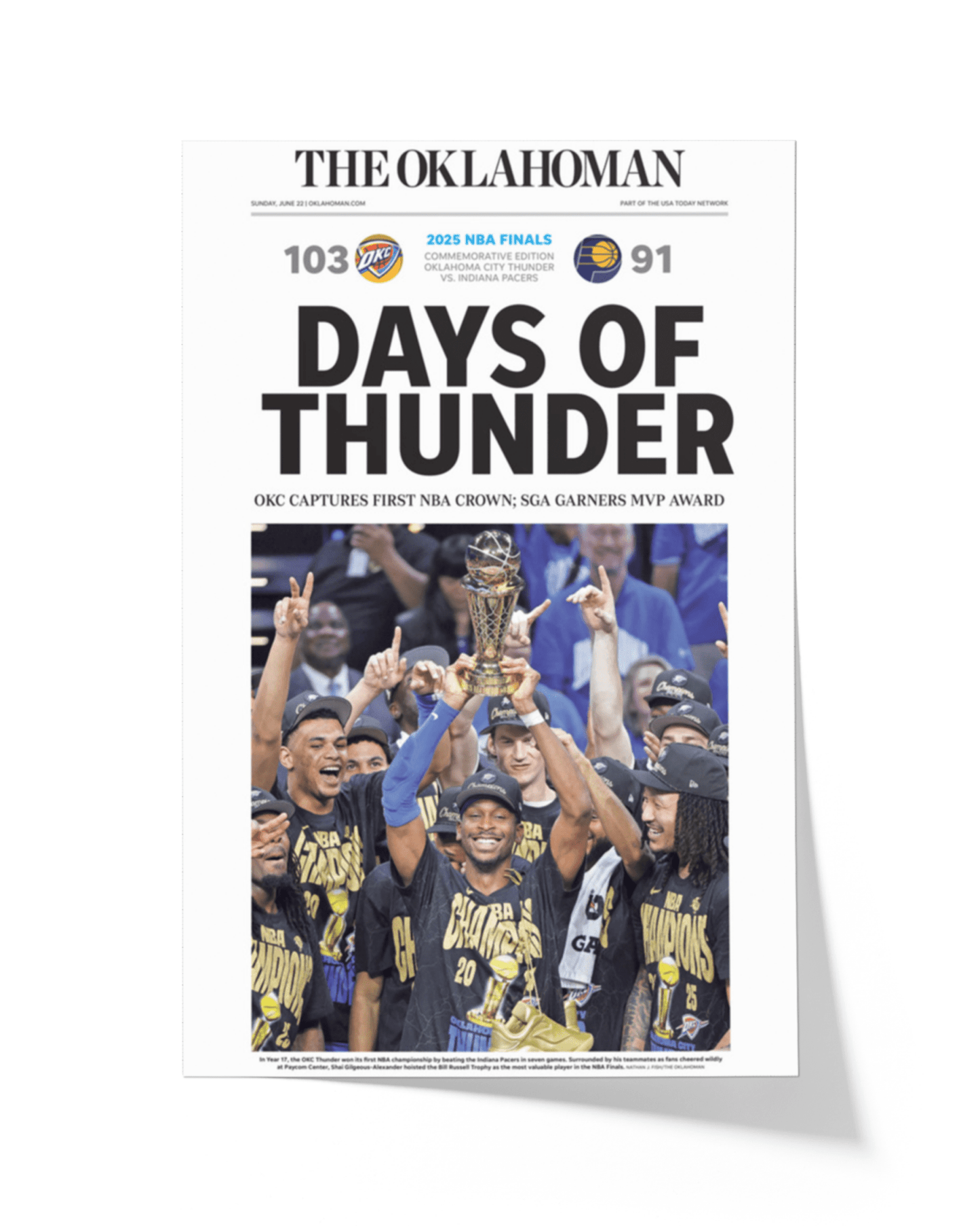 2025 Oklahoma City Thunders NBA Champions "Days of Thunders" Framed Newspaper - TitleGameFrames.com