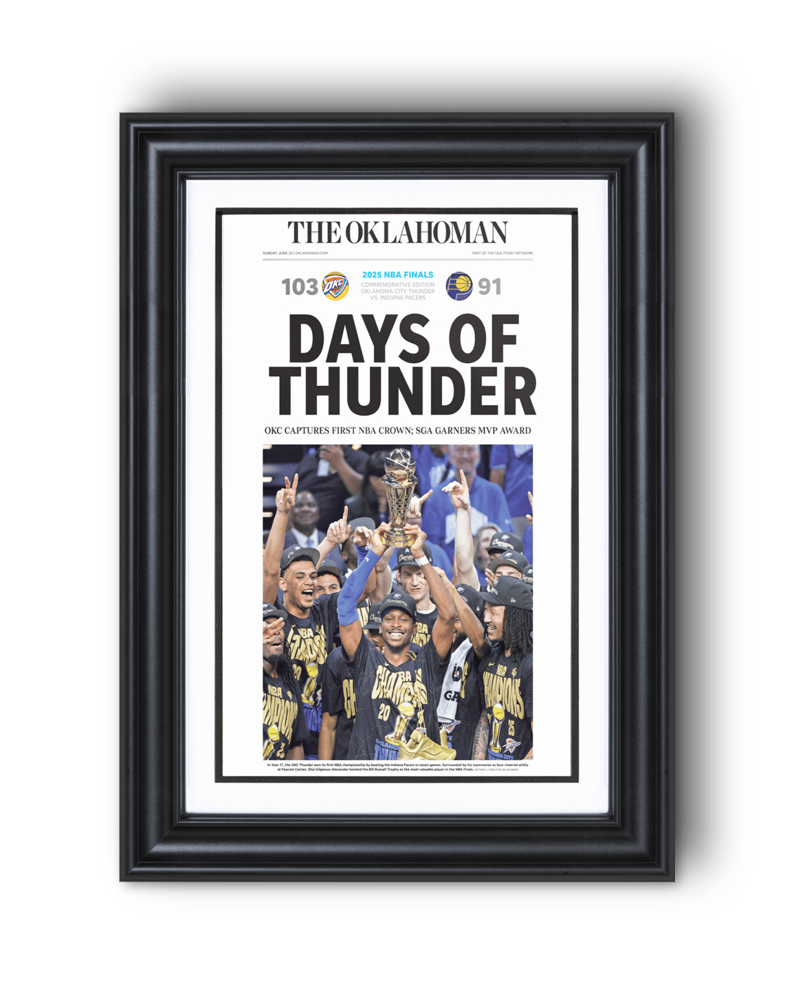 2025 Oklahoma City Thunders NBA Champions "Days of Thunders" Framed Newspaper - TitleGameFrames.com