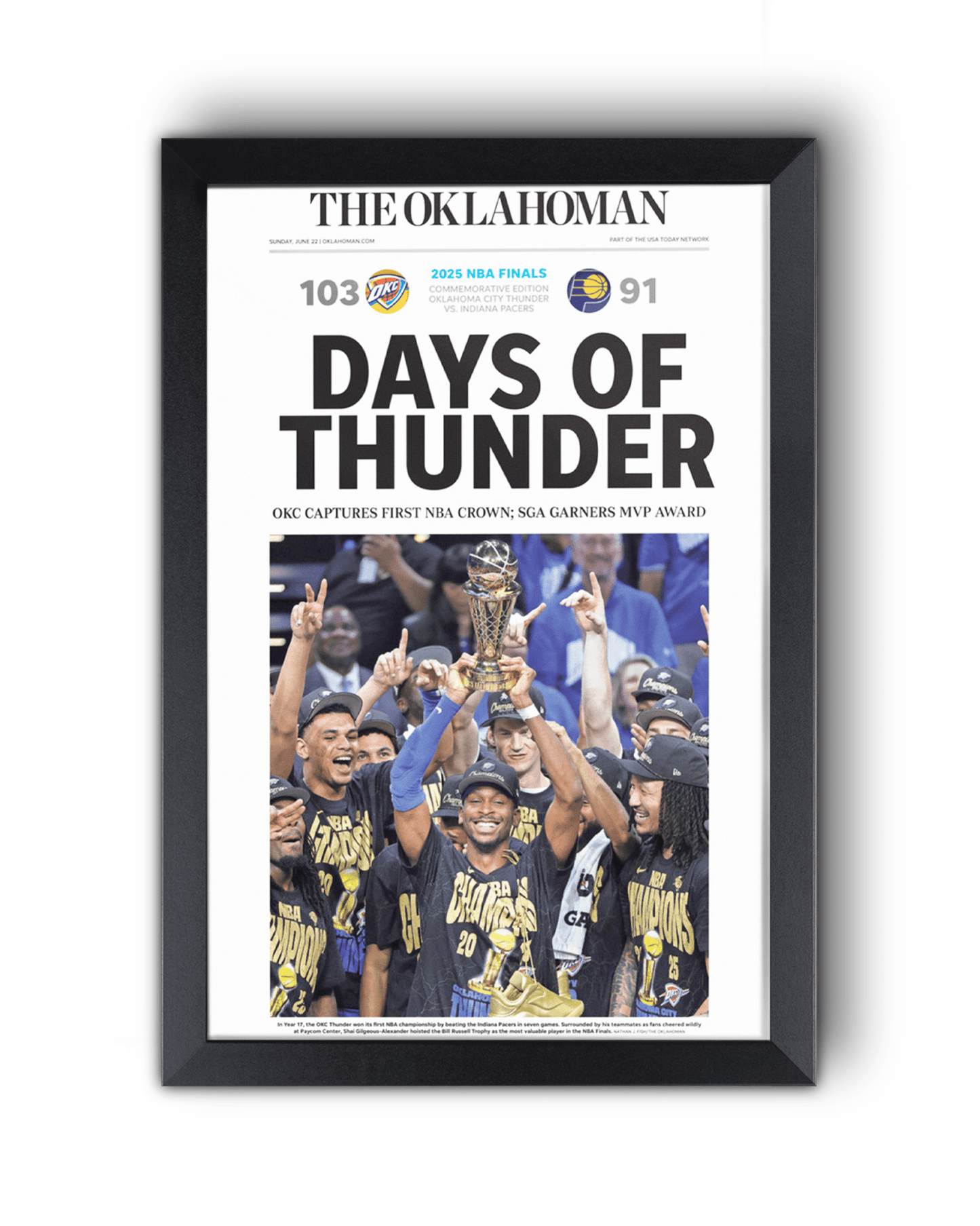2025 Oklahoma City Thunders NBA Champions "Days of Thunders" Framed Newspaper - TitleGameFrames.com