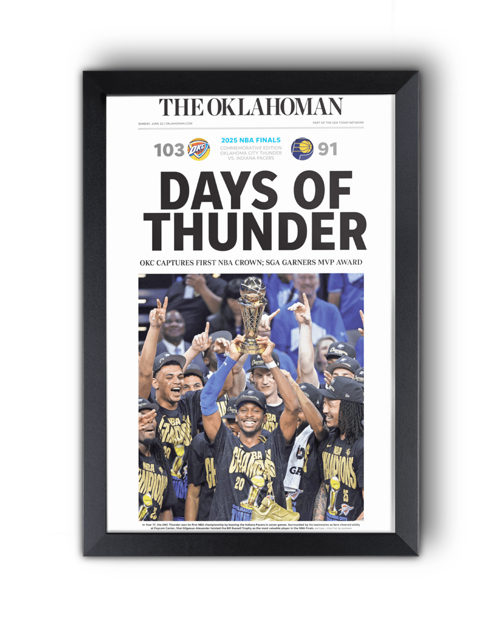 2025 Oklahoma City Thunders NBA Champions "Days of Thunders" Framed Newspaper - TitleGameFrames.com