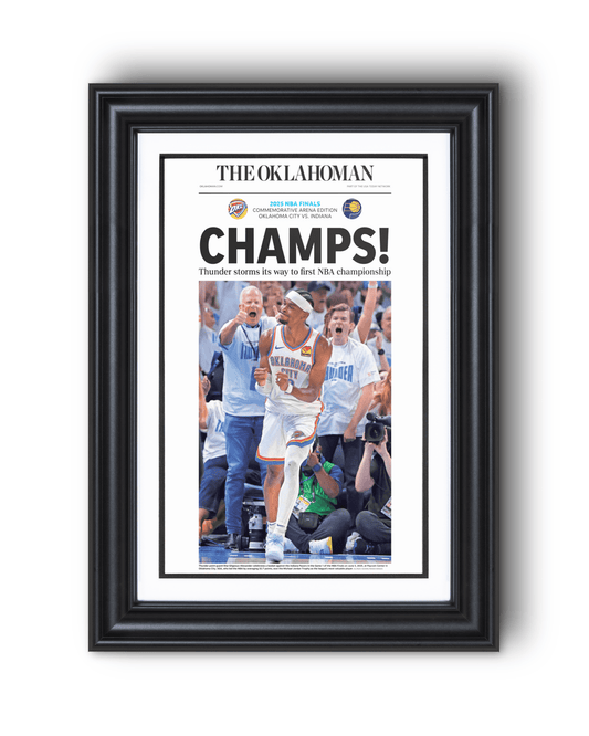 2025 Oklahoma City Thunders NBA Finals "CHAMPS!" Framed Newspaper - TitleGameFrames.com