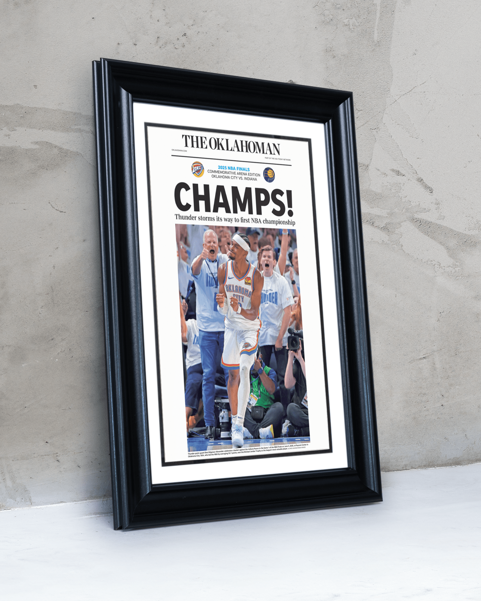 2025 Oklahoma City Thunders NBA Finals "CHAMPS!" Framed Newspaper - TitleGameFrames.com