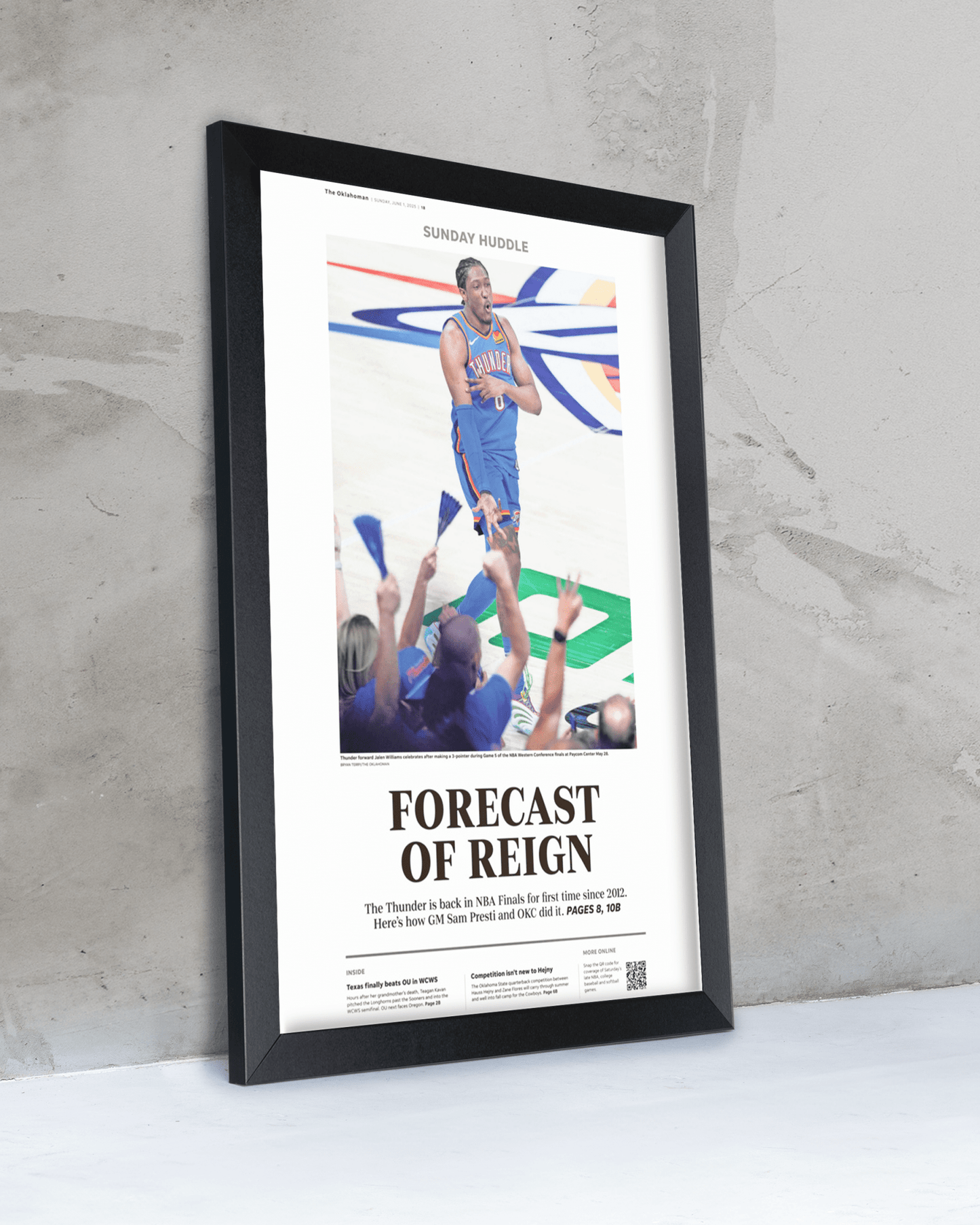 2025 Oklahoma Thunders Western Conference Win "FORECAST OF RAIN" Framed Newspaper - TitleGameFrames.com