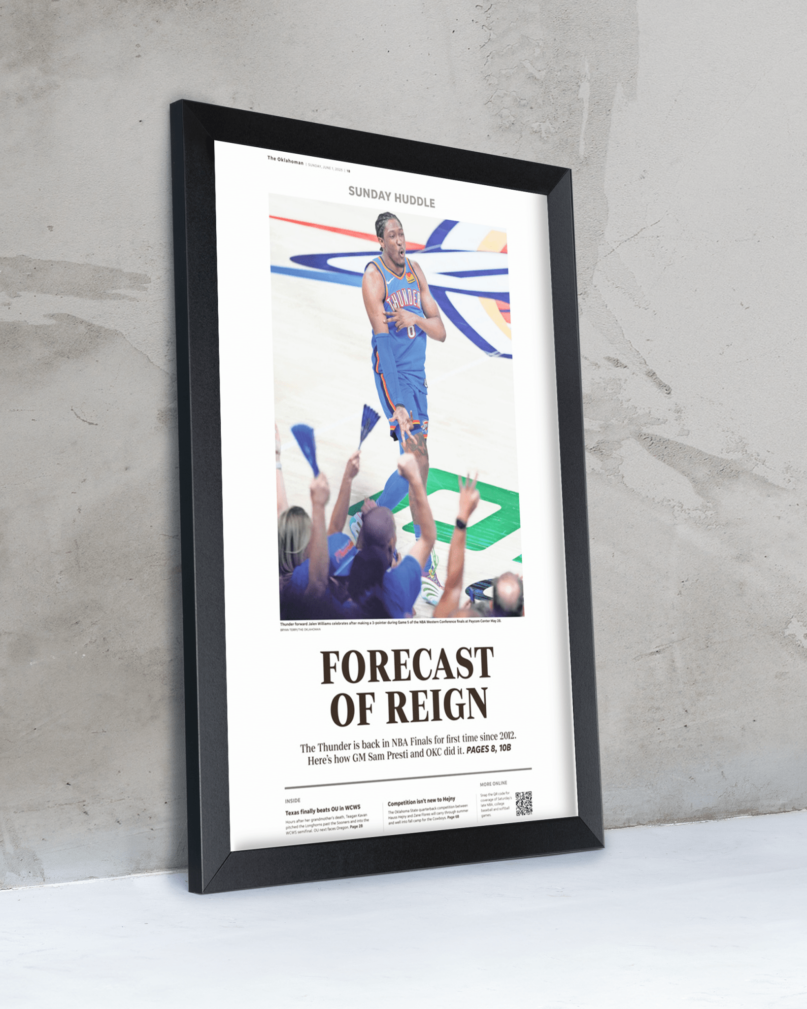 2025 Oklahoma Thunders Western Conference Win "FORECAST OF RAIN" Framed Newspaper - TitleGameFrames.com