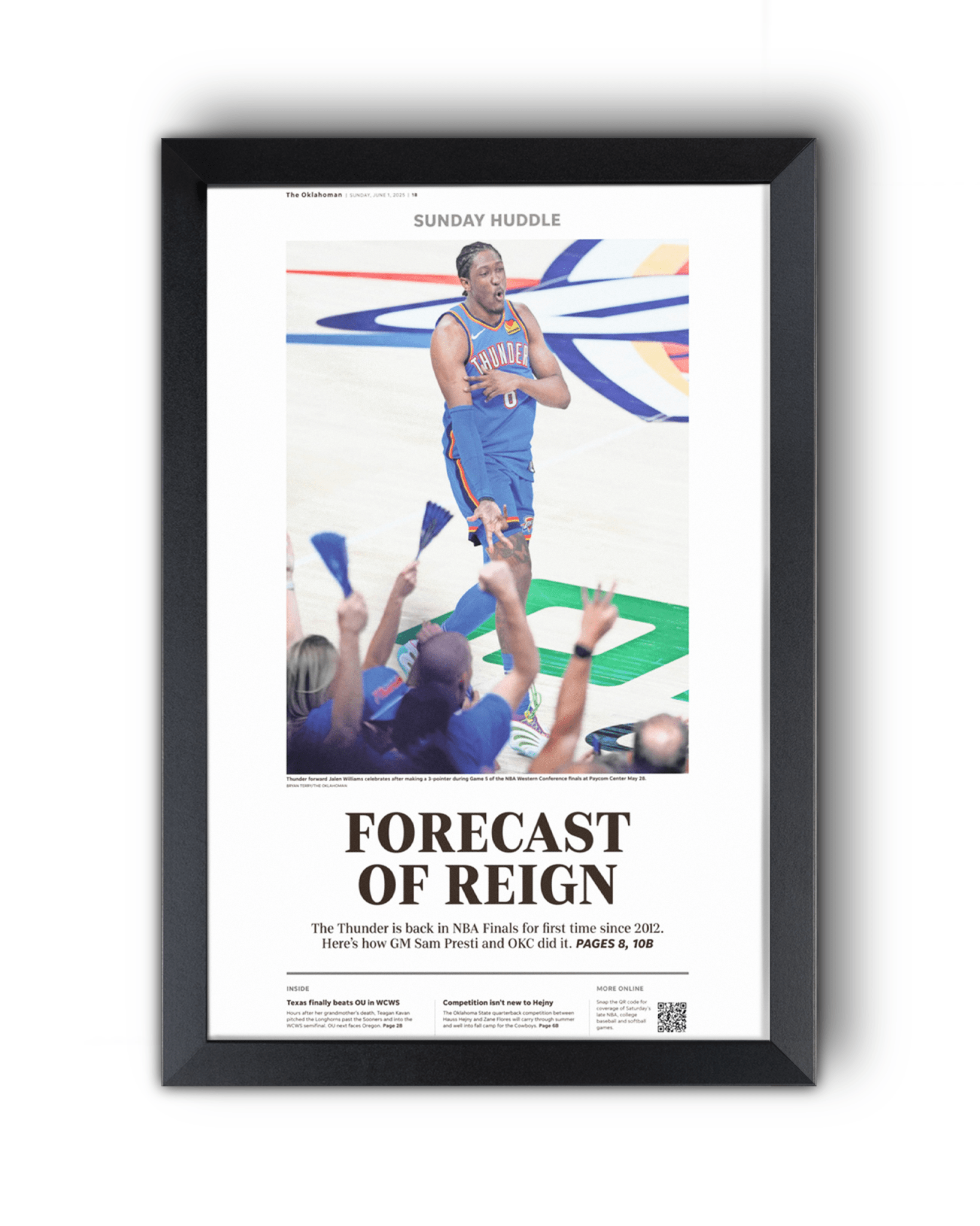 2025 Oklahoma Thunders Western Conference Win "FORECAST OF RAIN" Framed Newspaper - TitleGameFrames.com