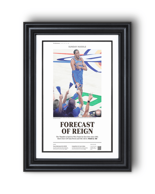 2025 Oklahoma Thunders Western Conference Win "FORECAST OF RAIN" Framed Newspaper - TitleGameFrames.com