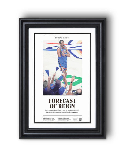 2025 Oklahoma Thunders Western Conference Win "FORECAST OF RAIN" Framed Newspaper - TitleGameFrames.com