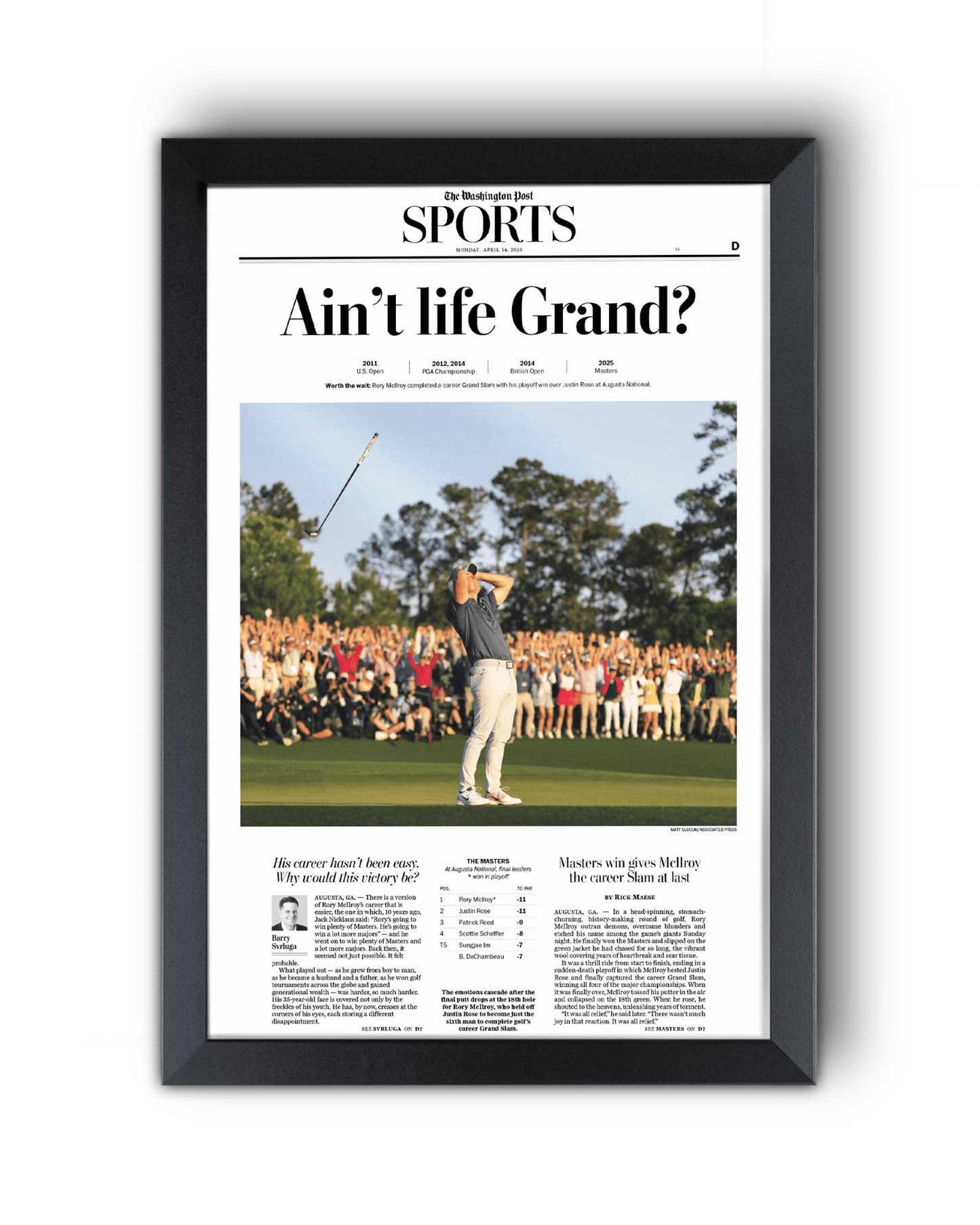 2025 Rory McIlroy Masters Champion 'Ain't Life Grand?' Framed Newspaper - TitleGameFrames.com