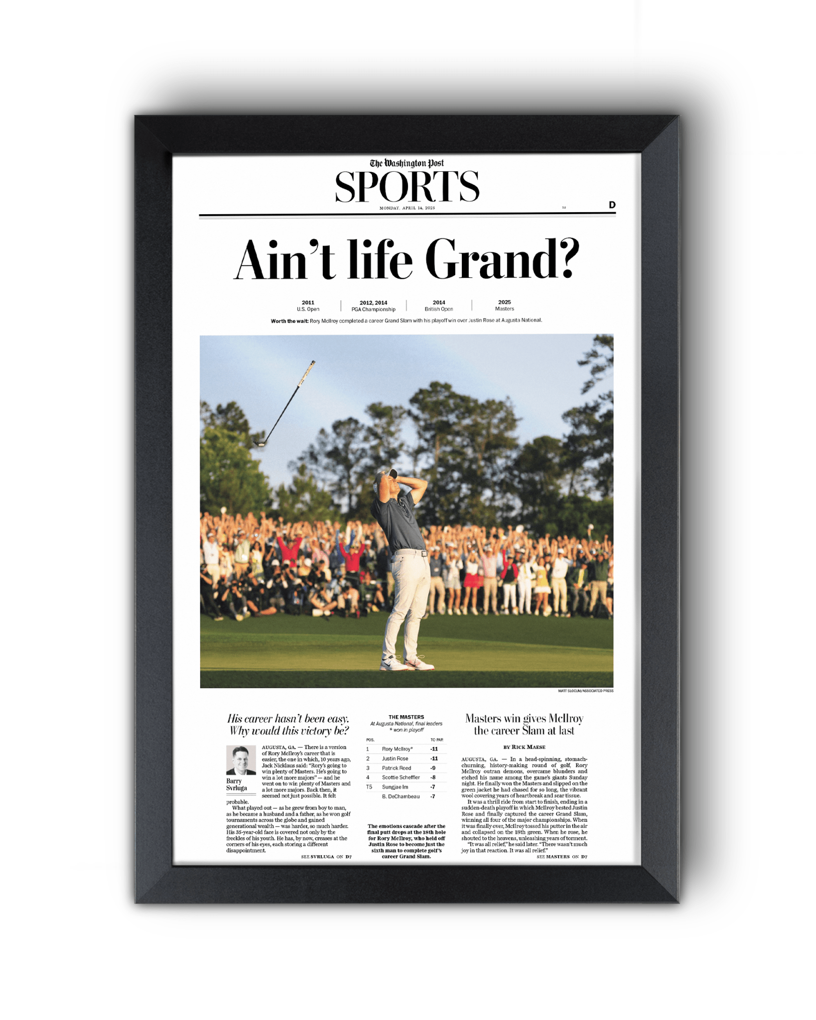 2025 Rory McIlroy Masters Champion 'Ain't Life Grand?' Framed Newspaper - TitleGameFrames.com