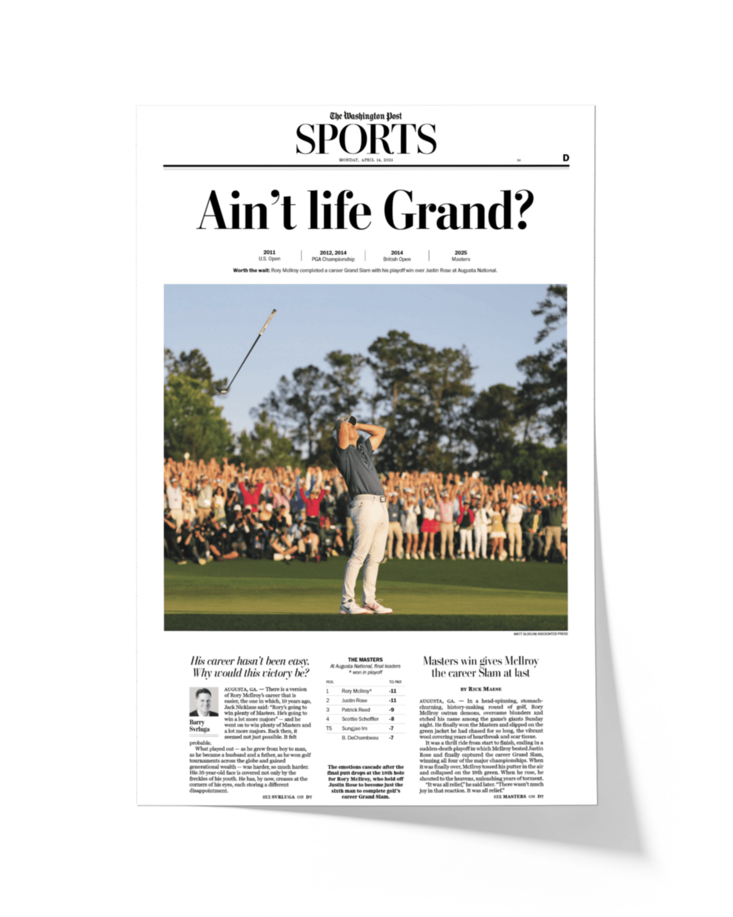 2025 Rory McIlroy Masters Champion 'Ain't Life Grand?' Framed Newspaper - TitleGameFrames.com