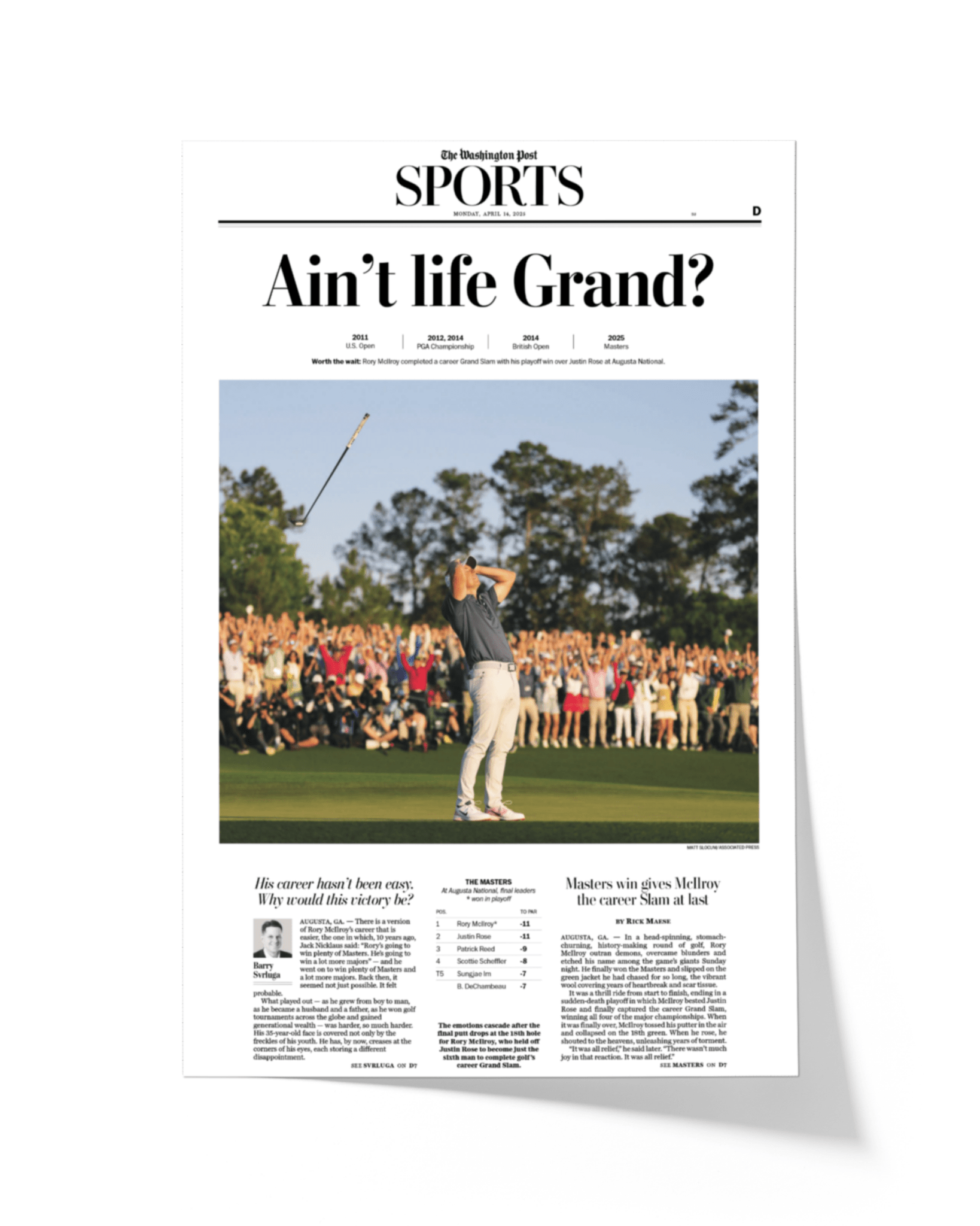 2025 Rory McIlroy Masters Champion 'Ain't Life Grand?' Framed Newspaper - TitleGameFrames.com