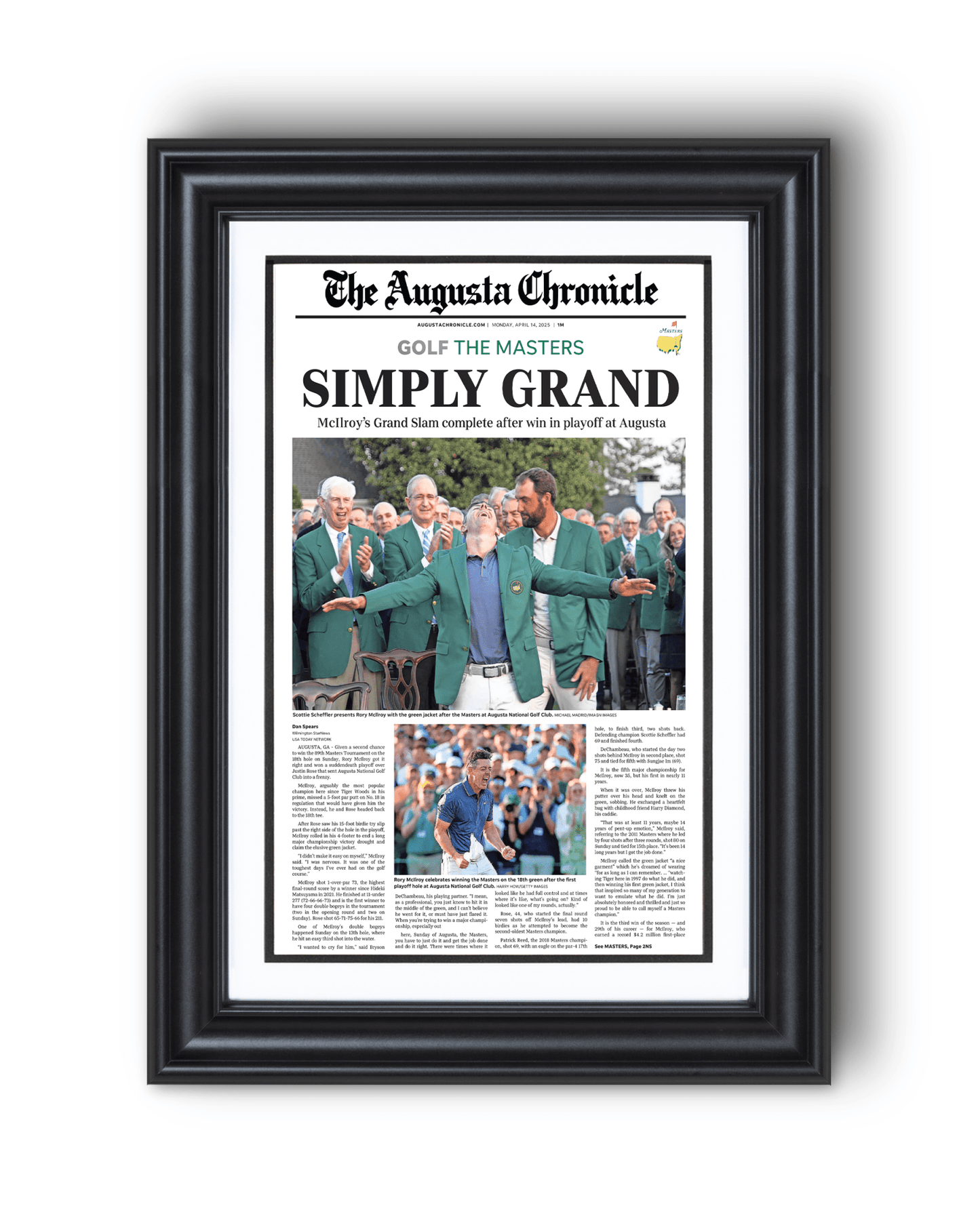 2025 Rory McIlroy Masters Champion 'SIMPLY GRAND' Framed Newspaper Augusta - TitleGameFrames.com