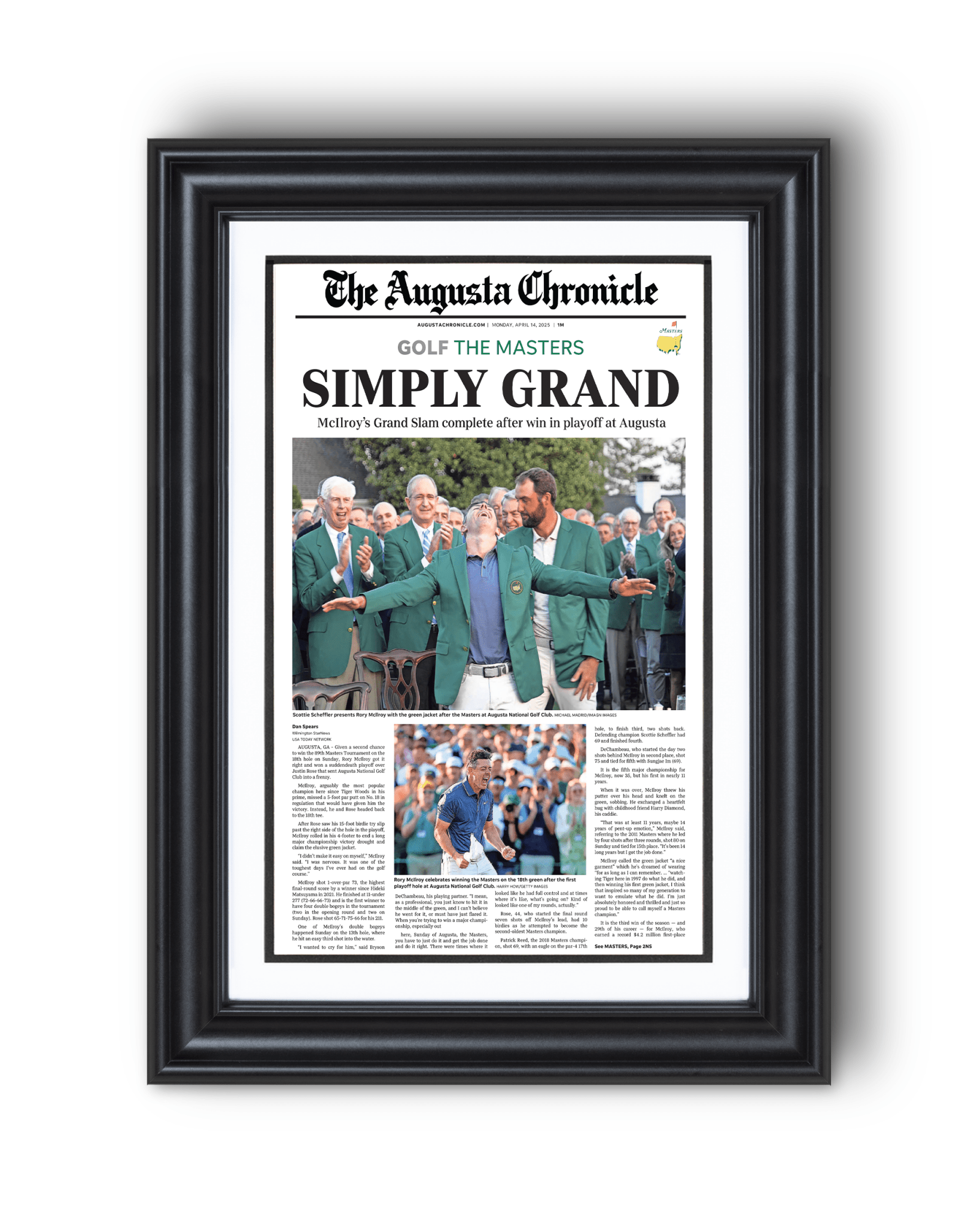 2025 Rory McIlroy Masters Champion 'SIMPLY GRAND' Framed Newspaper Augusta - TitleGameFrames.com