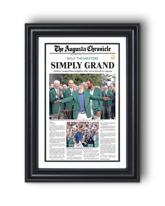 2025 Rory McIlroy Masters Champion 'SIMPLY GRAND' Framed Newspaper Augusta - TitleGameFrames.com