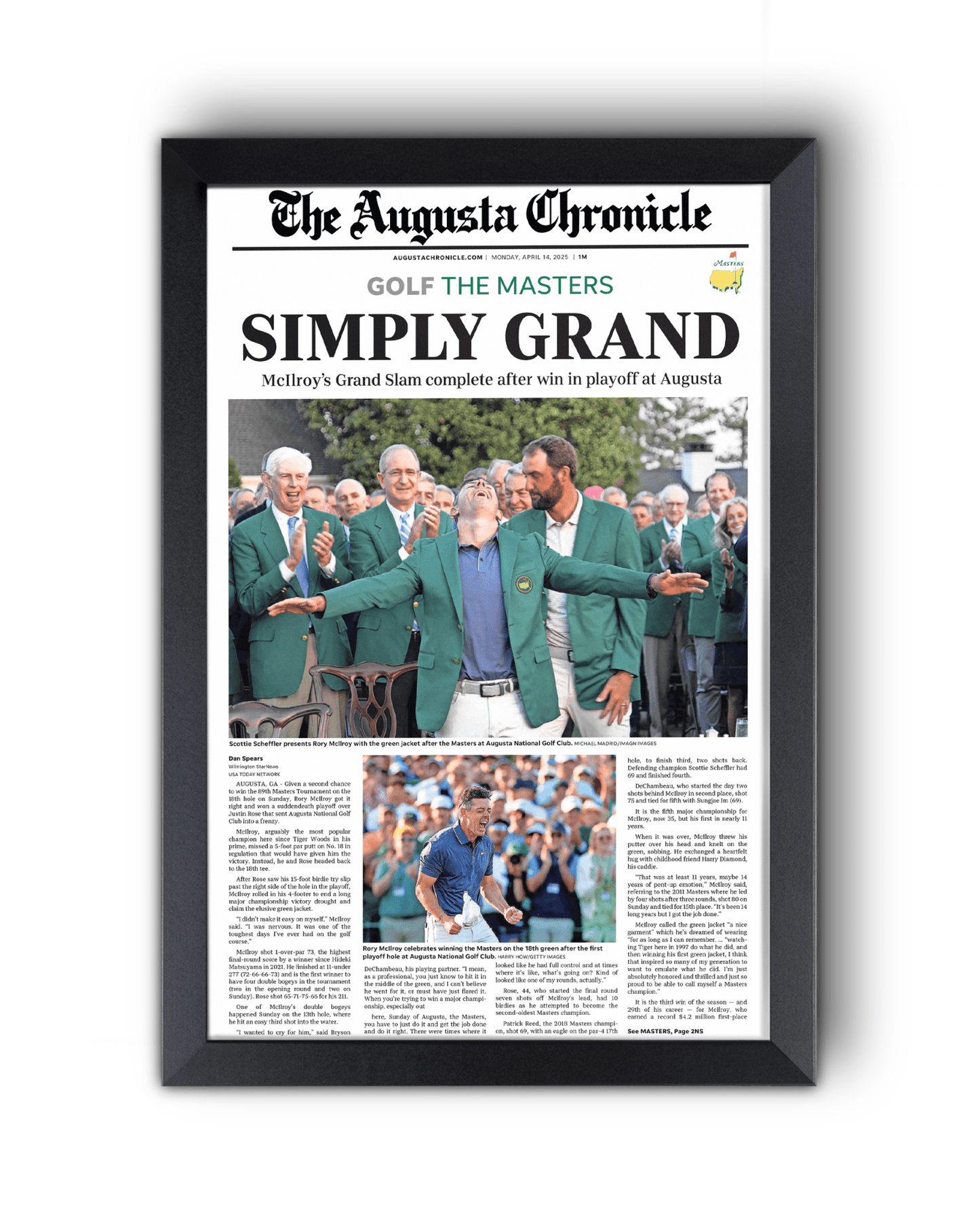 2025 Rory McIlroy Masters Champion 'SIMPLY GRAND' Framed Newspaper Augusta - TitleGameFrames.com