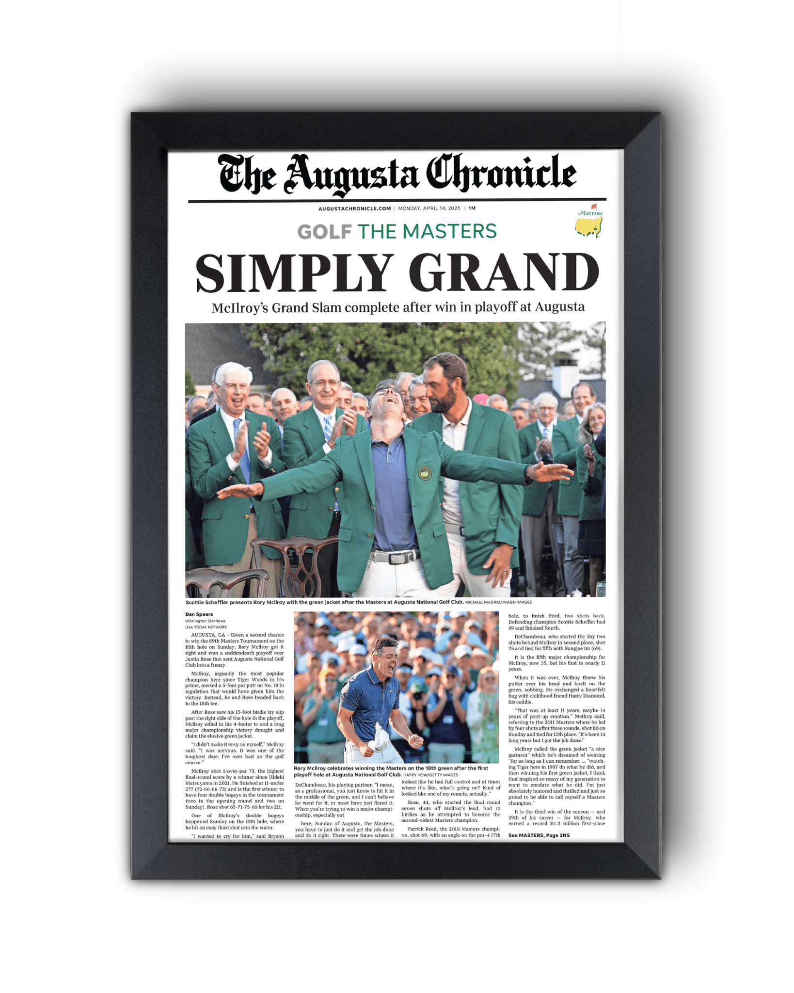 2025 Rory McIlroy Masters Champion 'SIMPLY GRAND' Framed Newspaper Augusta - TitleGameFrames.com