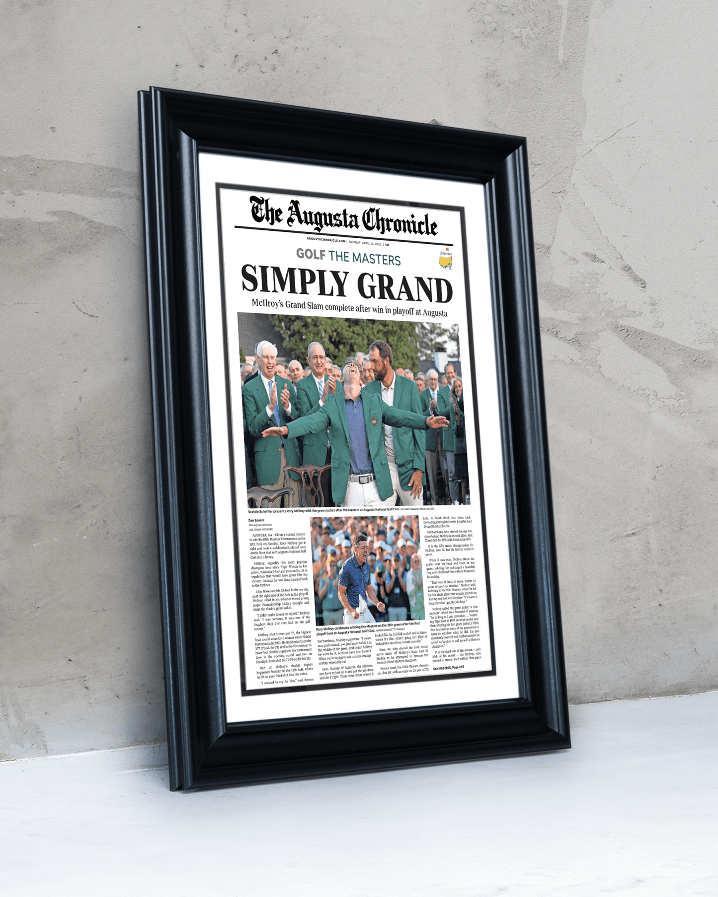 2025 Rory McIlroy Masters Champion 'SIMPLY GRAND' Framed Newspaper Augusta - TitleGameFrames.com