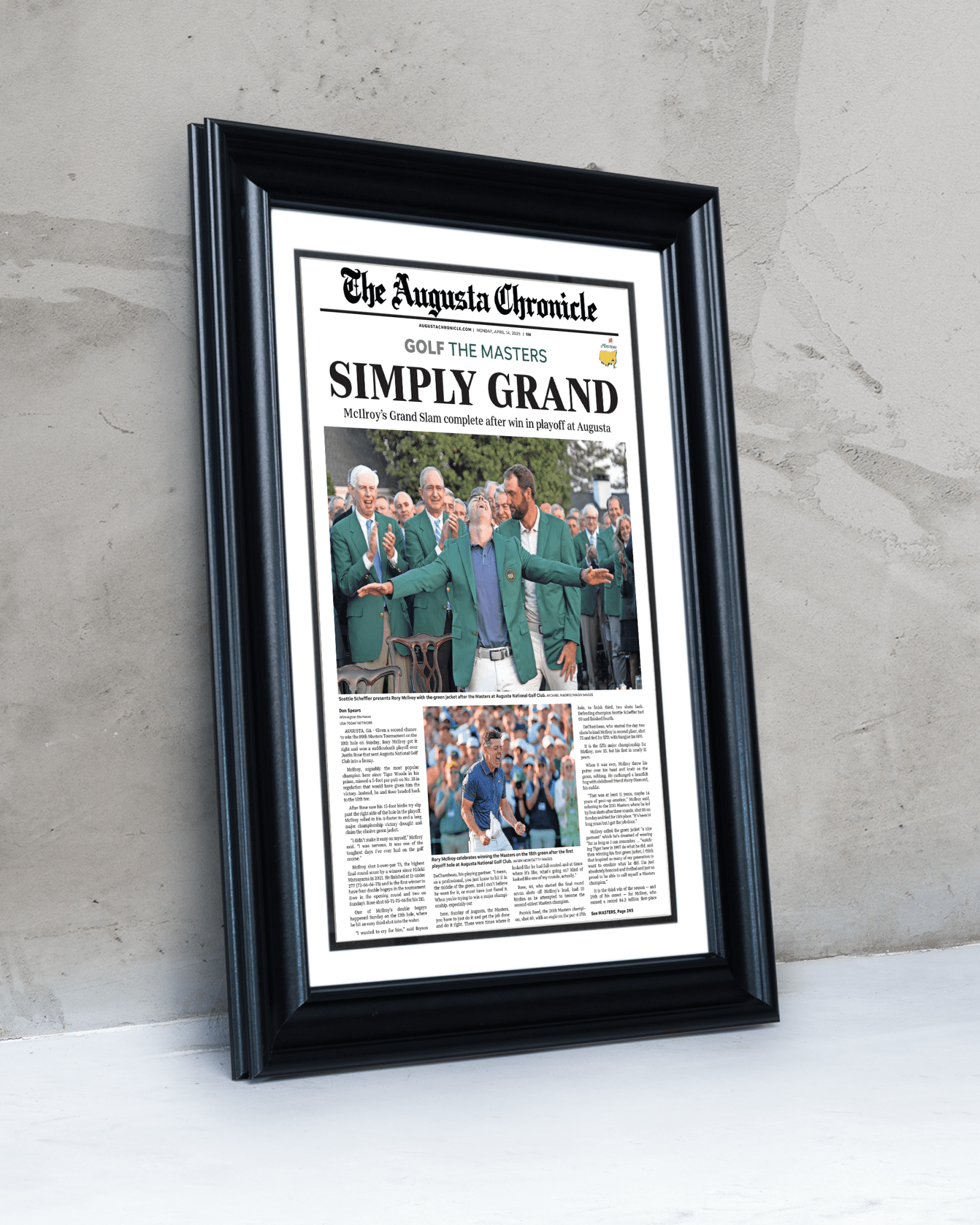 2025 Rory McIlroy Masters Champion 'SIMPLY GRAND' Framed Newspaper Augusta - TitleGameFrames.com