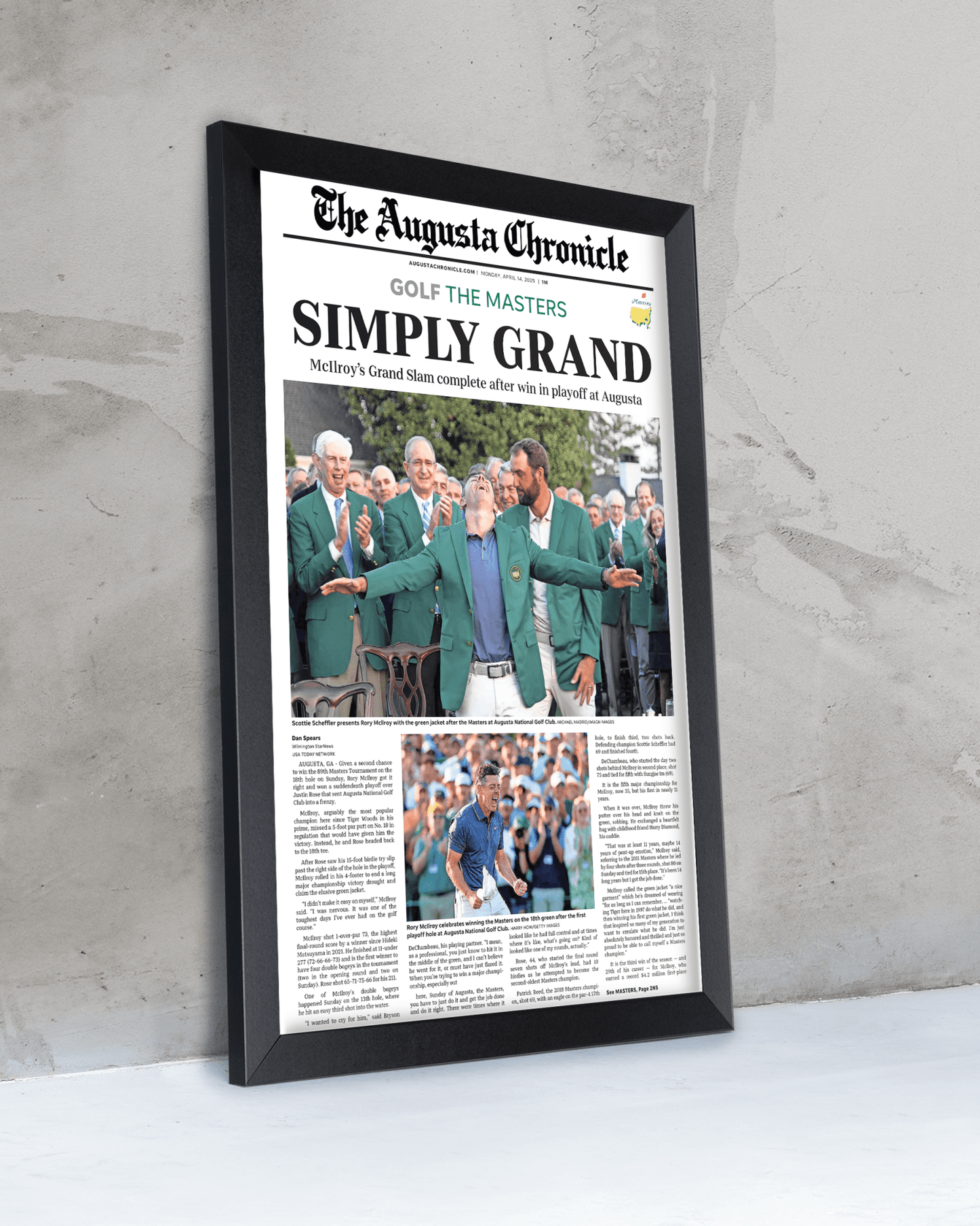 2025 Rory McIlroy Masters Champion 'SIMPLY GRAND' Framed Newspaper Augusta - TitleGameFrames.com
