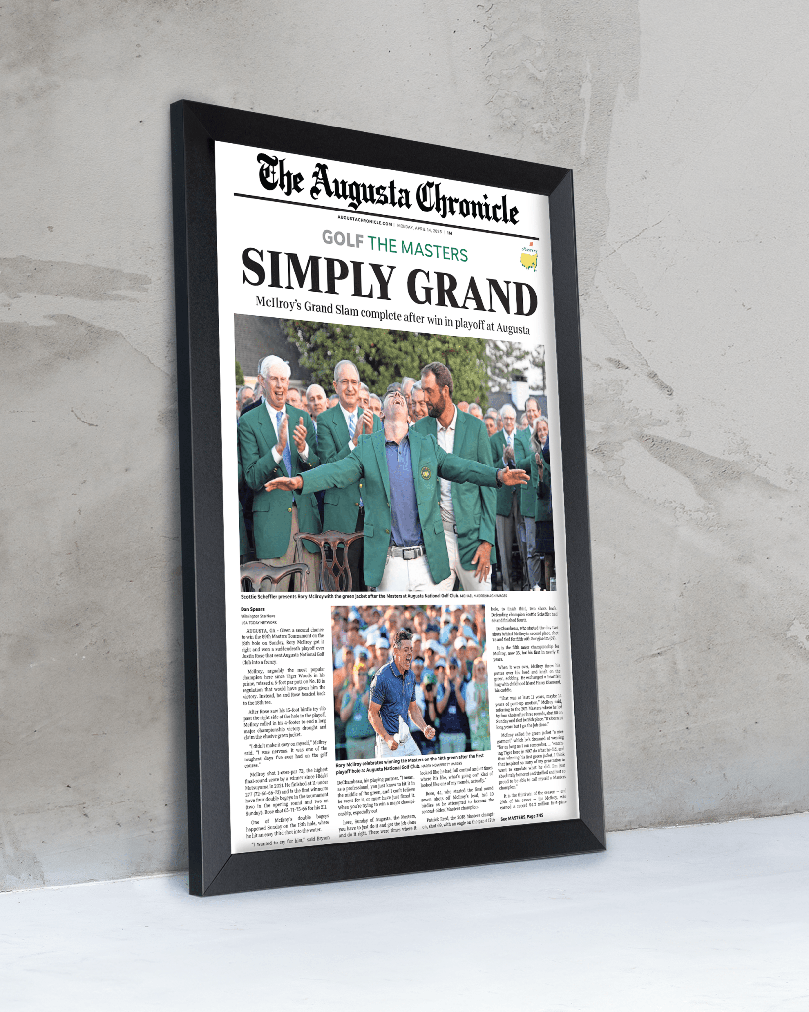 2025 Rory McIlroy Masters Champion 'SIMPLY GRAND' Framed Newspaper Augusta - TitleGameFrames.com