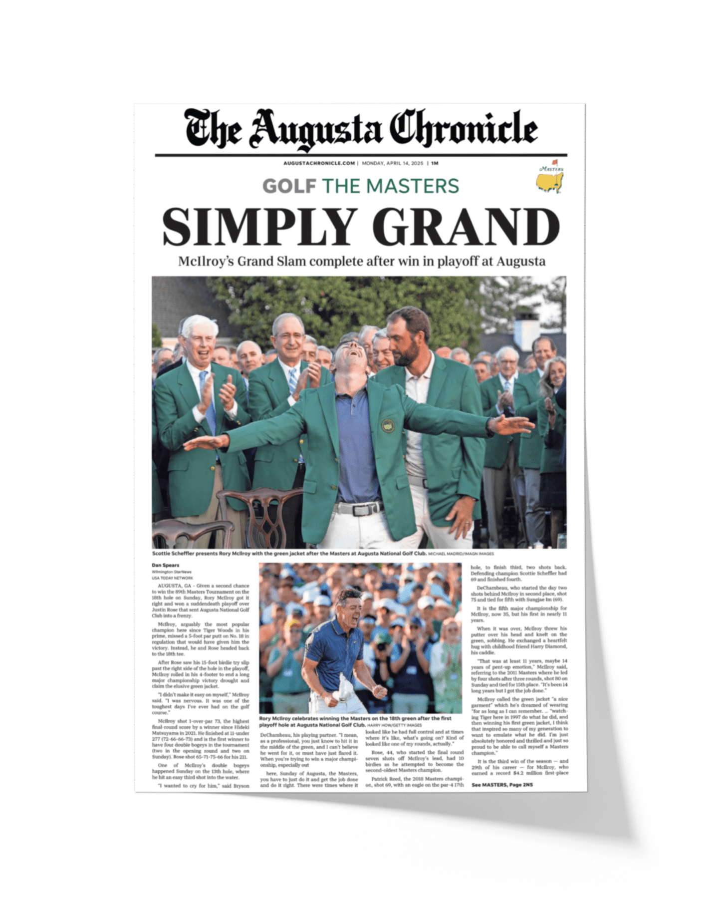 2025 Rory McIlroy Masters Champion 'SIMPLY GRAND' Framed Newspaper Augusta - TitleGameFrames.com