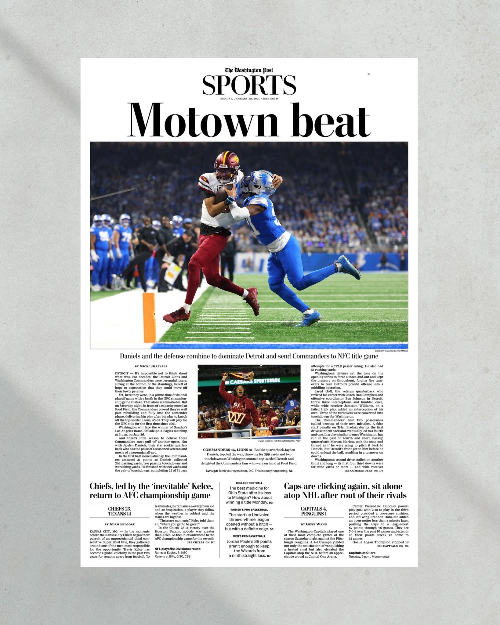 2025 Washington Commanders Stun Lions "Motown Beat" Framed Newspaper - Title Game Frames