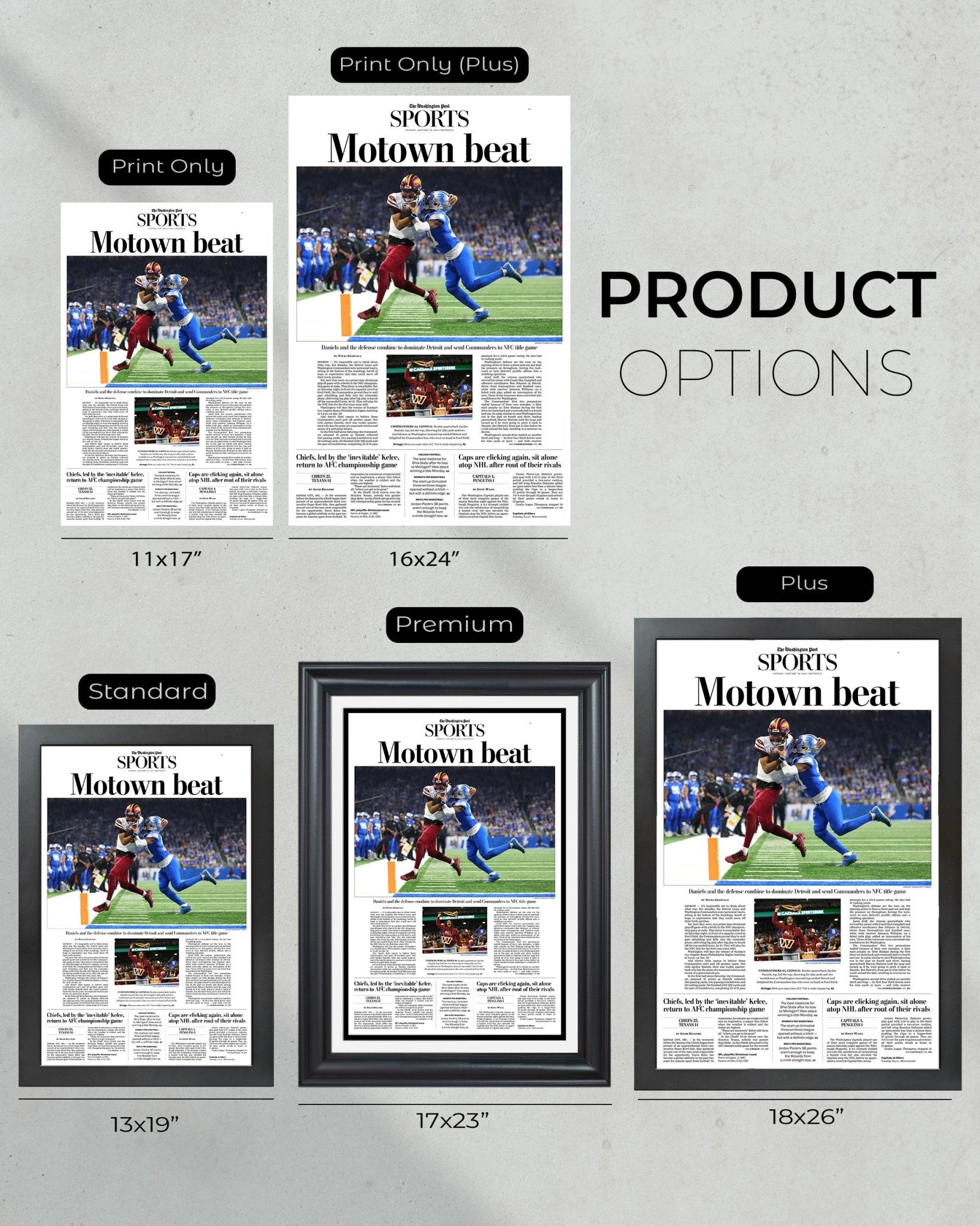 2025 Washington Commanders Stun Lions "Motown Beat" Framed Newspaper - Title Game Frames