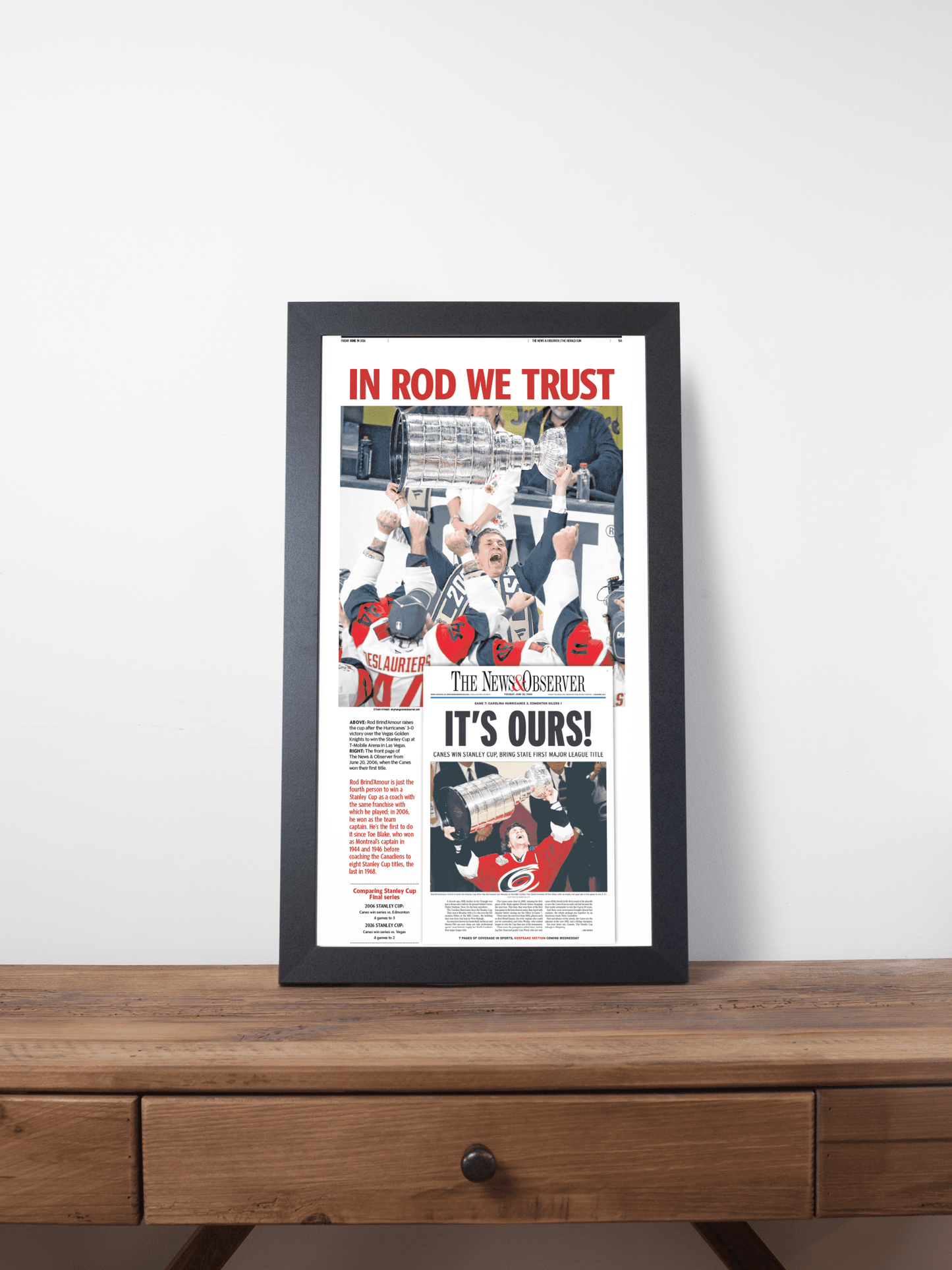 2026 Carolina Hurricanes “In Rod We Trust” Rod Brind’Amour Stanley Cup Legacy Newspaper - TitleGameFrames.com