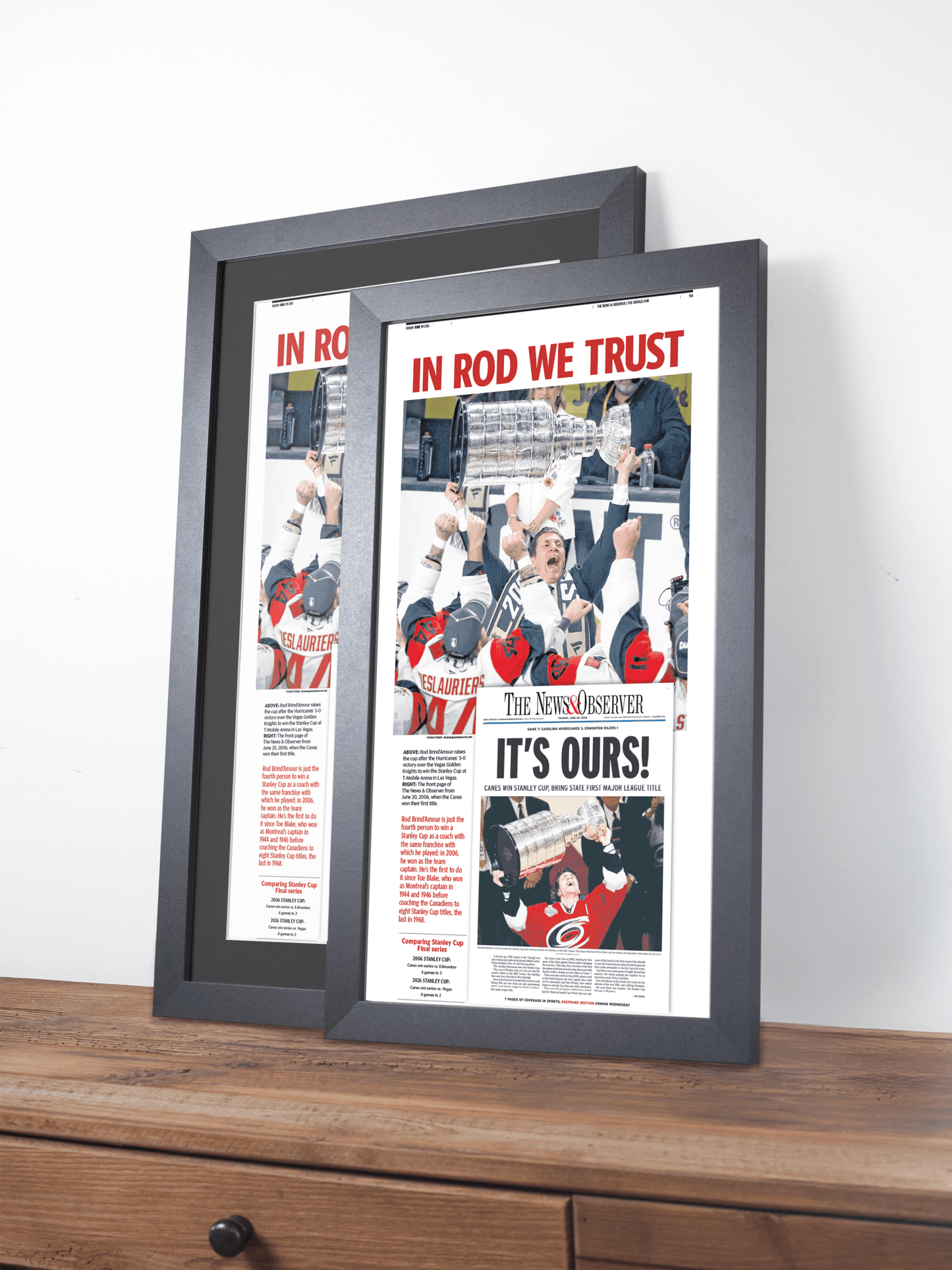 2026 Carolina Hurricanes “In Rod We Trust” Rod Brind’Amour Stanley Cup Legacy Newspaper - TitleGameFrames.com