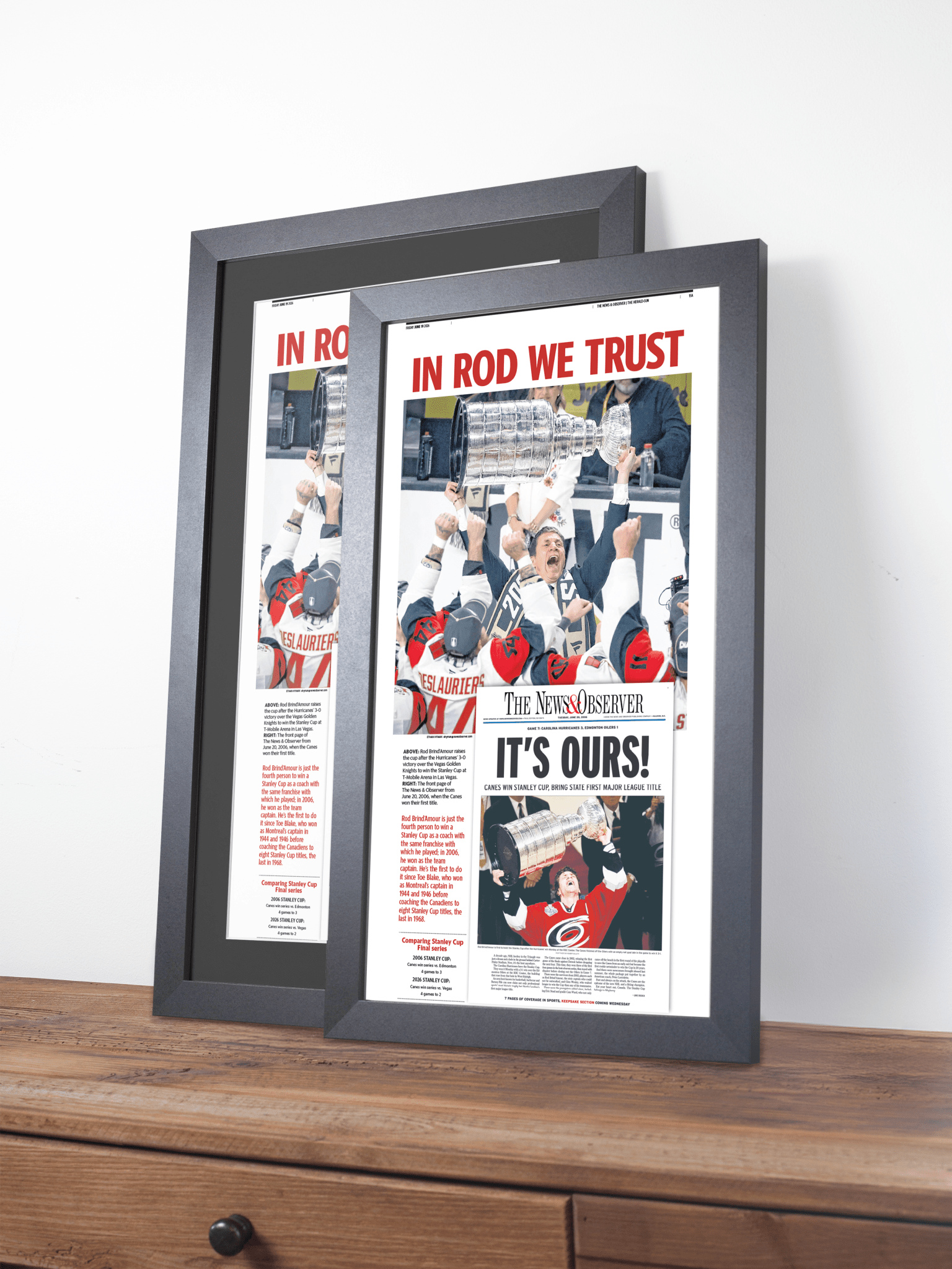 2026 Carolina Hurricanes “In Rod We Trust” Rod Brind’Amour Stanley Cup Legacy Newspaper - TitleGameFrames.com