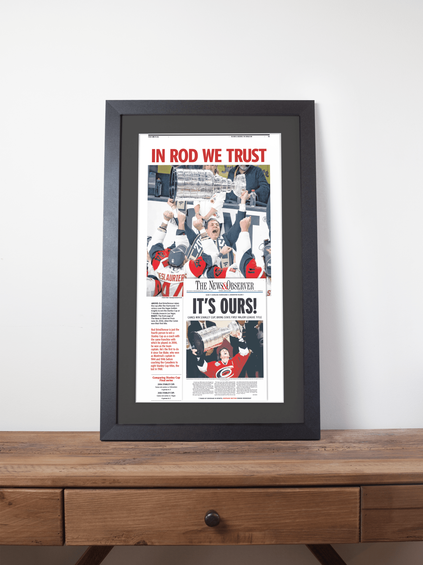 2026 Carolina Hurricanes “In Rod We Trust” Rod Brind’Amour Stanley Cup Legacy Newspaper - TitleGameFrames.com