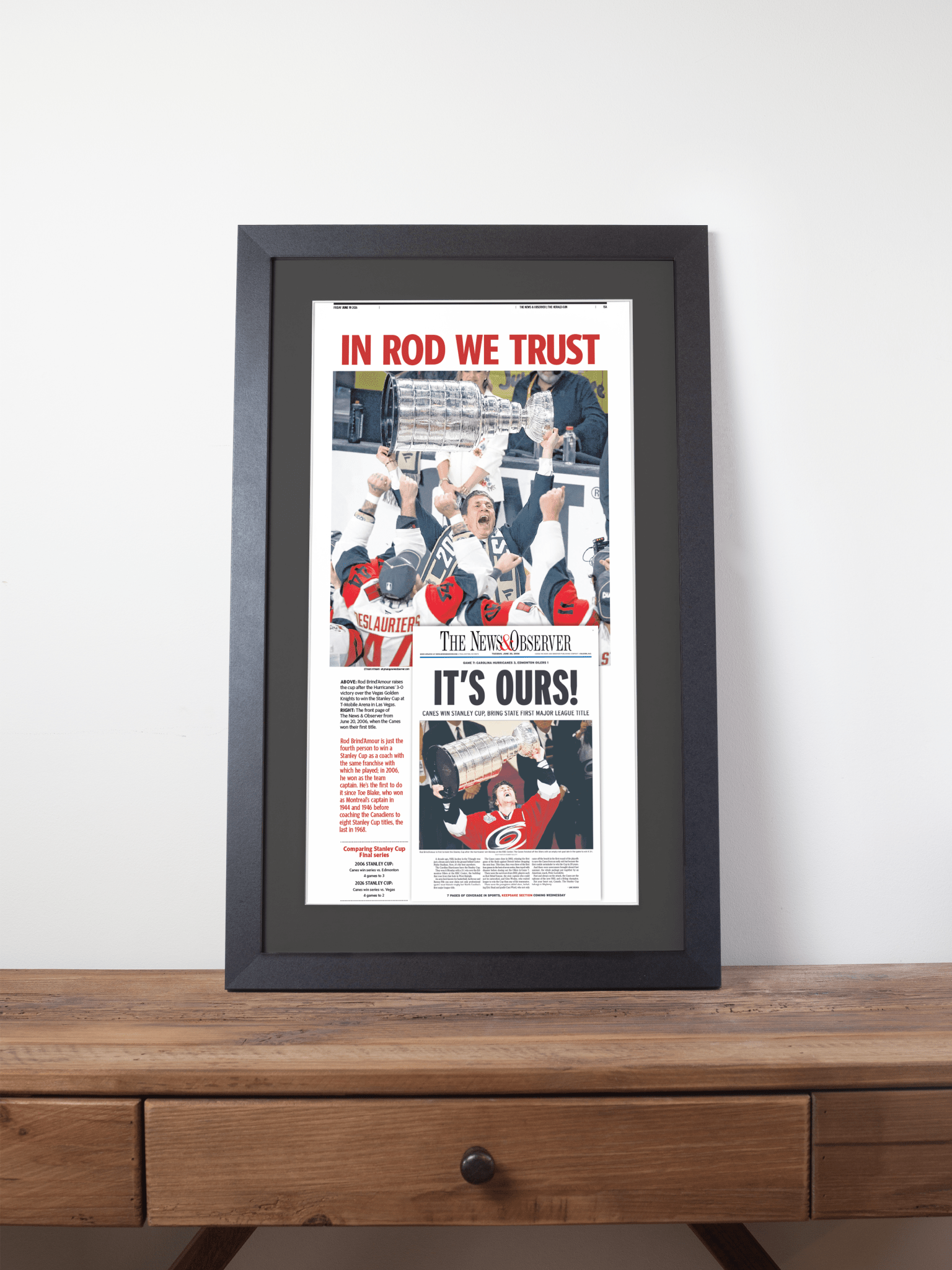 2026 Carolina Hurricanes “In Rod We Trust” Rod Brind’Amour Stanley Cup Legacy Newspaper - TitleGameFrames.com