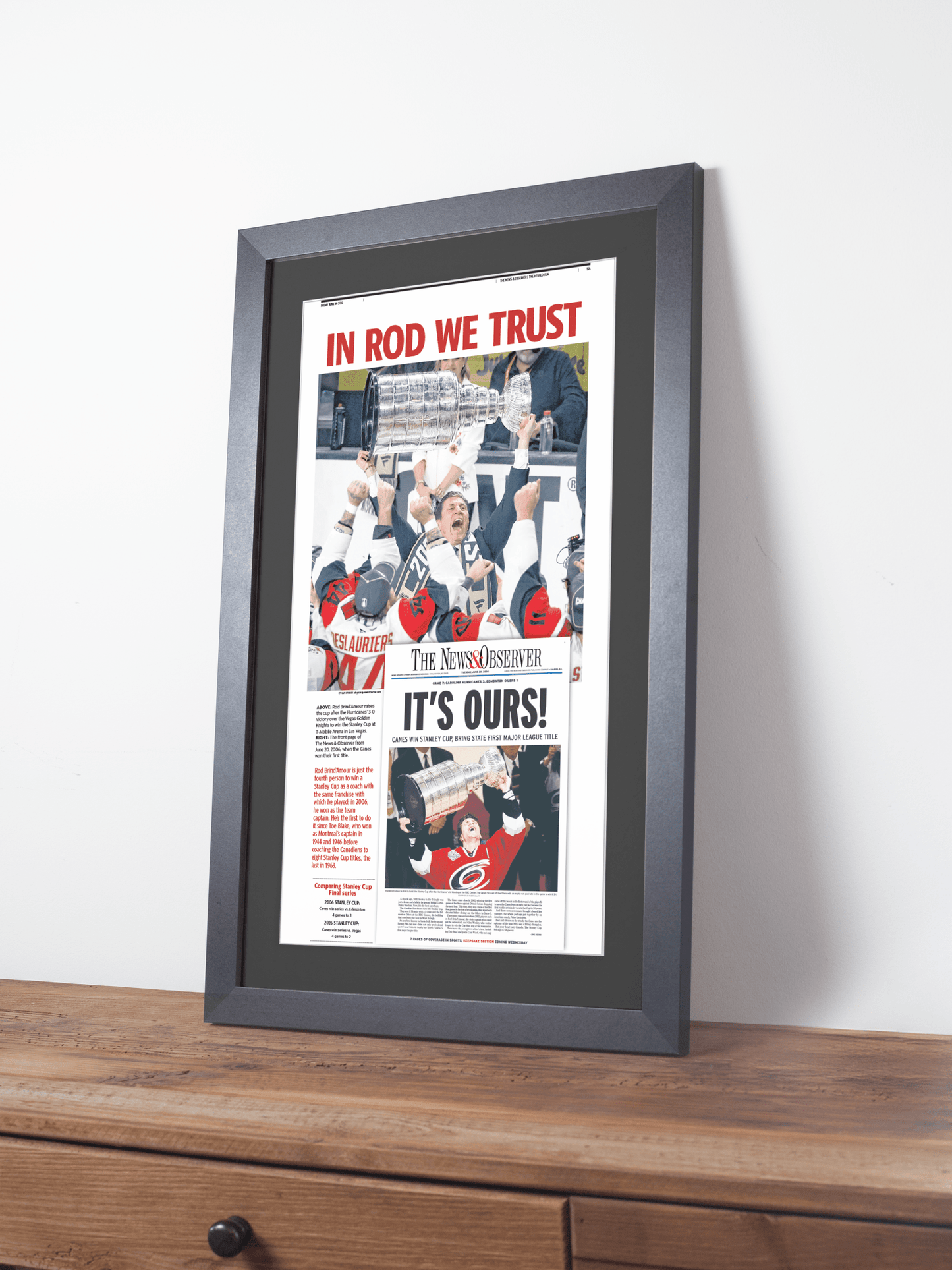 2026 Carolina Hurricanes “In Rod We Trust” Rod Brind’Amour Stanley Cup Legacy Newspaper - TitleGameFrames.com