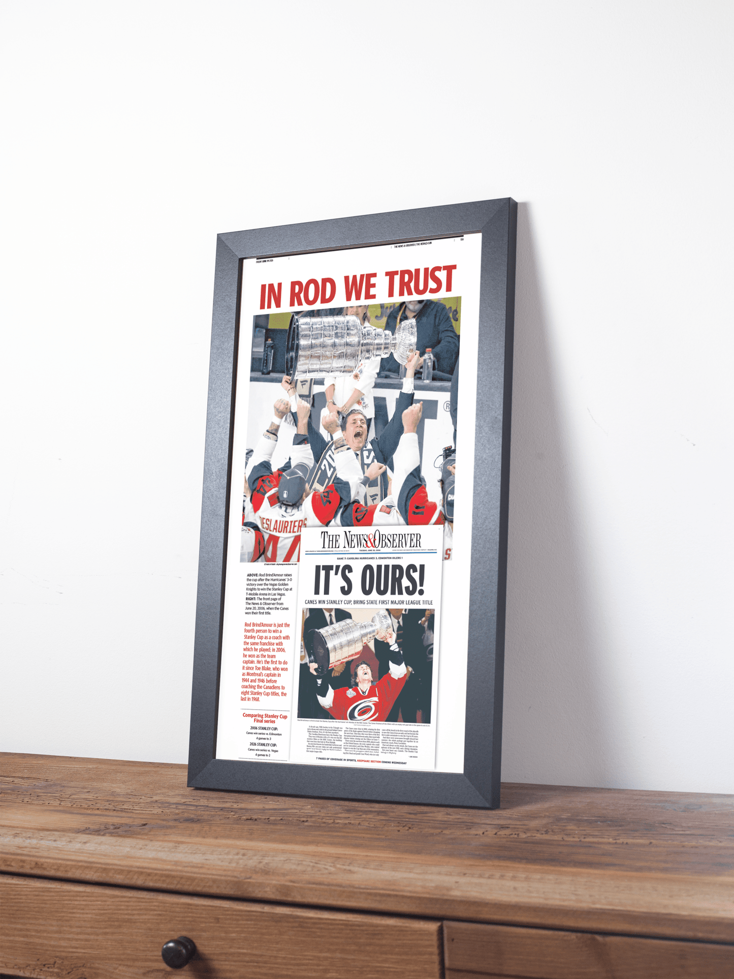 2026 Carolina Hurricanes “In Rod We Trust” Rod Brind’Amour Stanley Cup Legacy Newspaper - TitleGameFrames.com